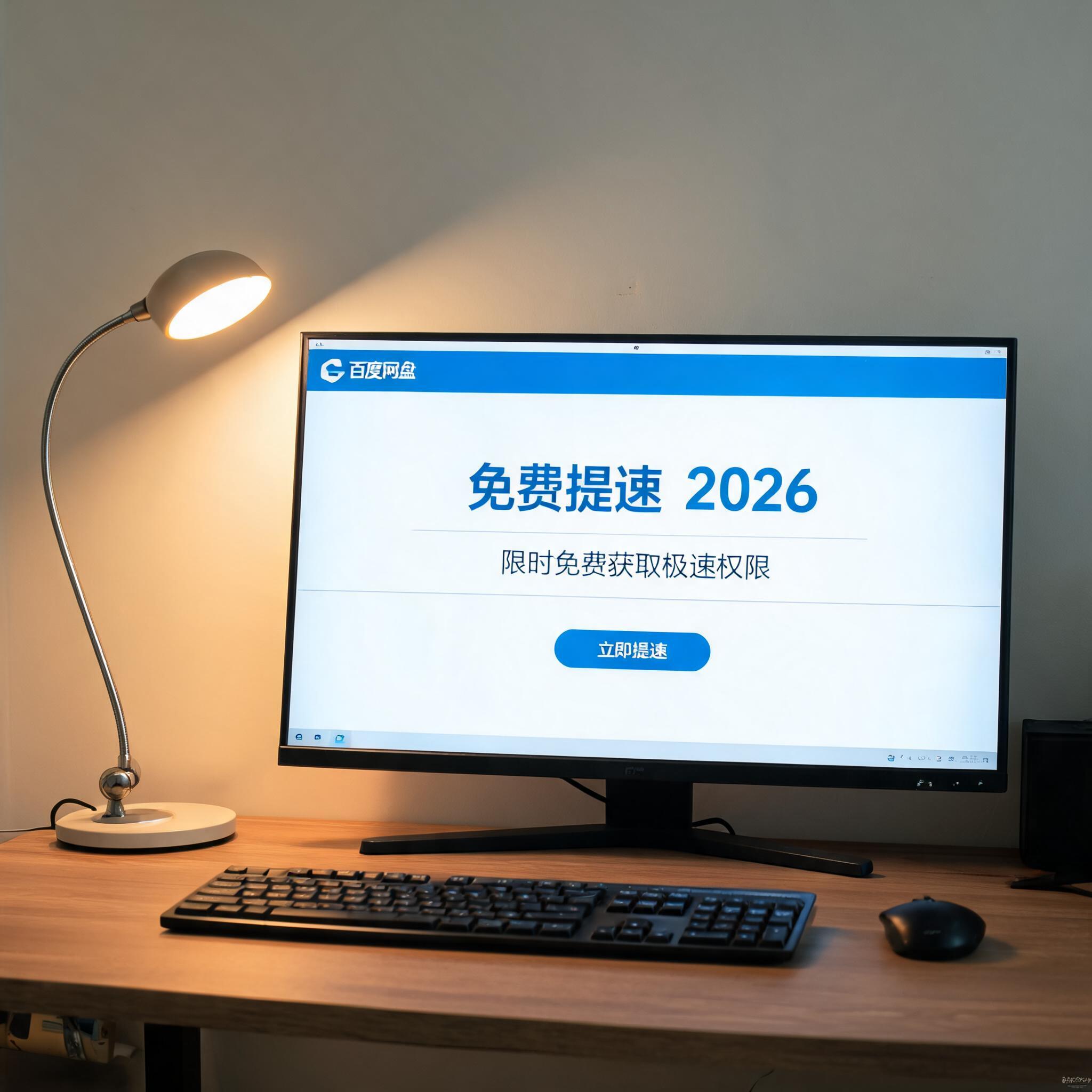 电脑桌上的电脑，屏幕显示百度网盘免费提速 2026界面，旁边放着台灯
