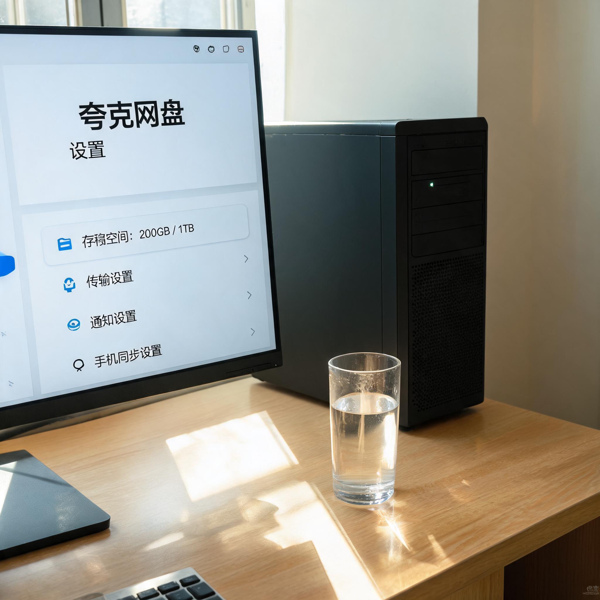 书桌上的主机，屏幕显示夸克网盘设置界面，桌角放着水杯，自然光