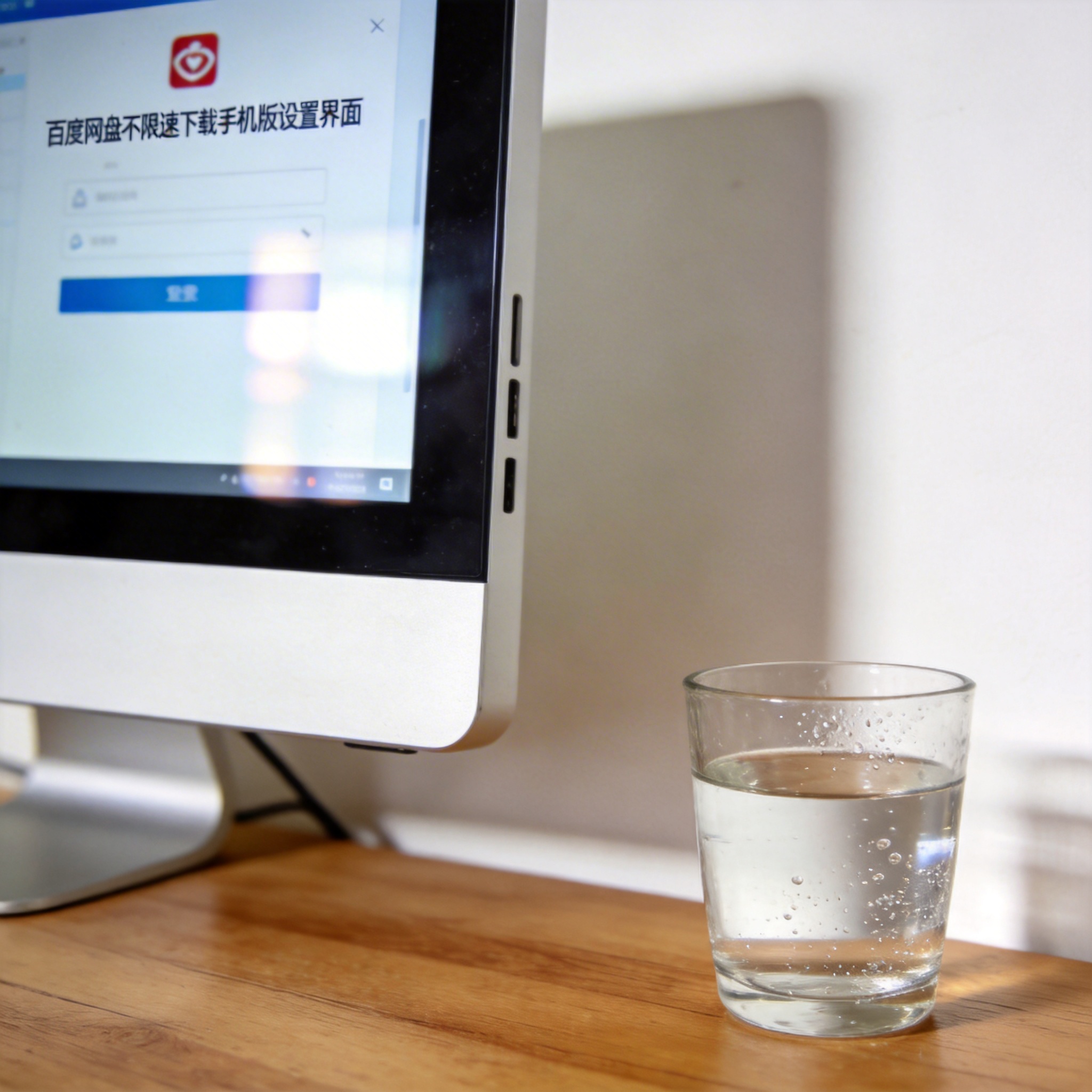 书桌上的主机，屏幕显示百度网盘不限速下载手机版设置界面，桌角放着水杯，自然光