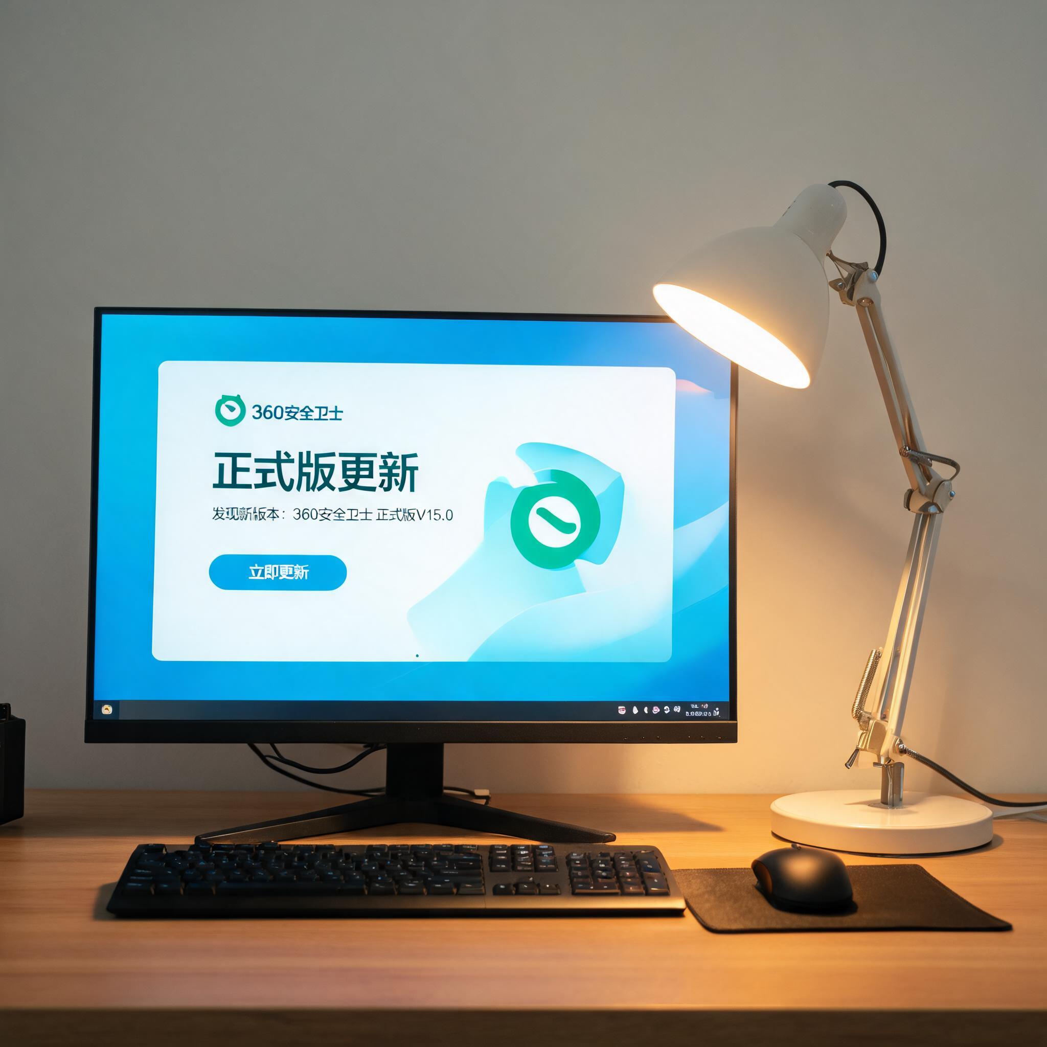 电脑桌上的电脑，屏幕显示360 安全卫士正式版更新界面，旁边放着台灯