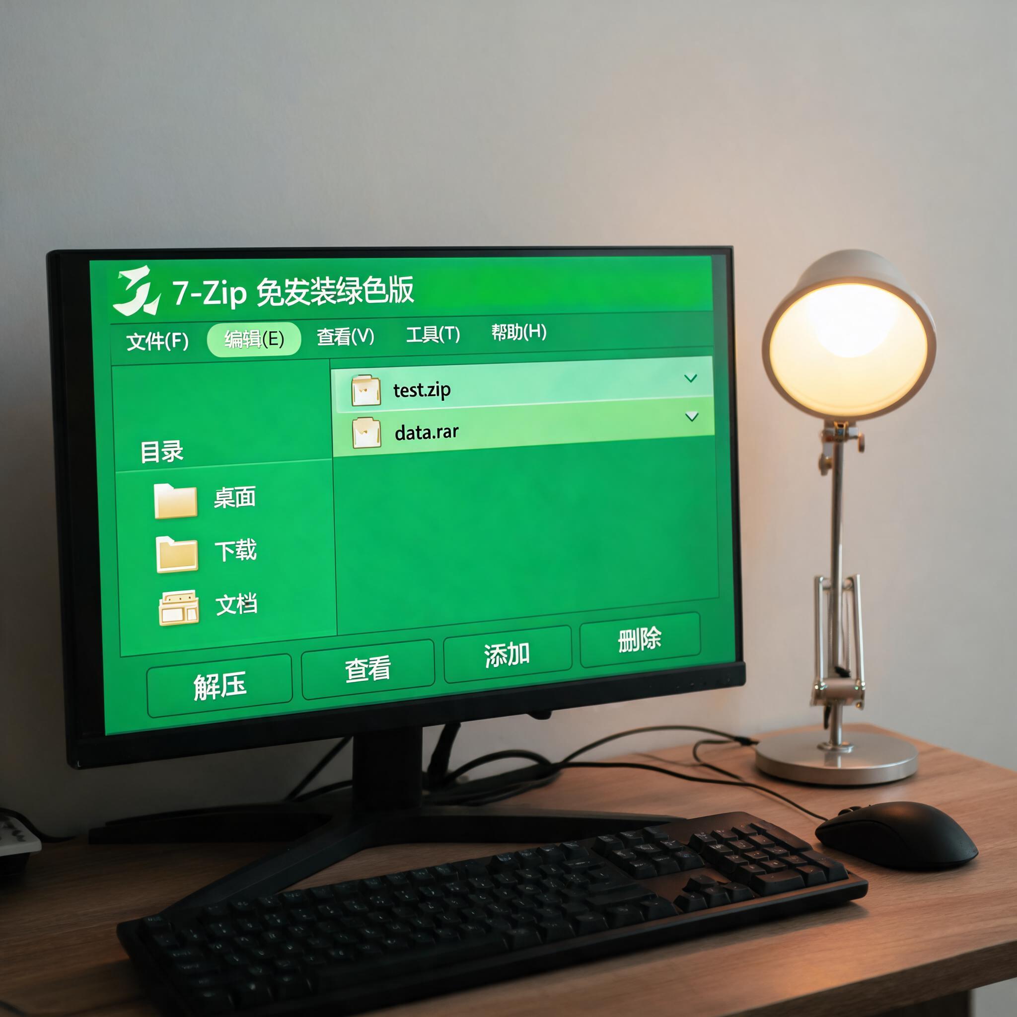 电脑桌上的电脑，屏幕显示绿色版解压缩工具免安装界面，旁边放着台灯