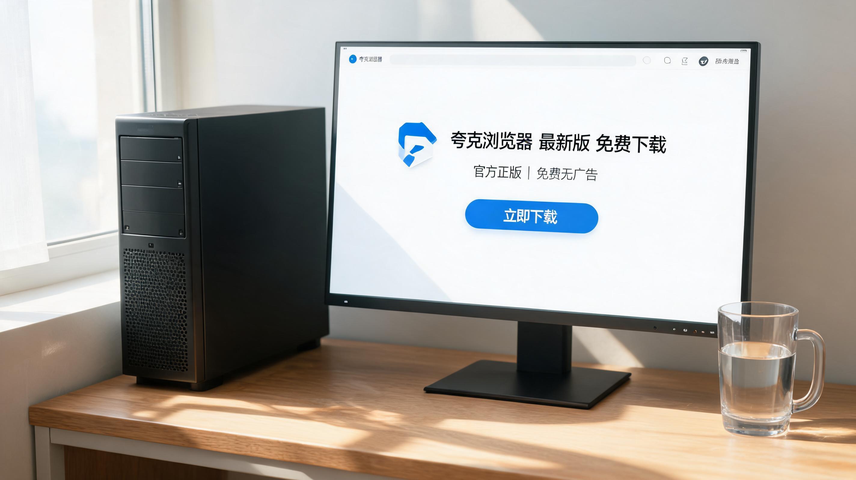 书桌上的主机，屏幕显示夸克浏览器最新版免费下载设置界面，桌角放着水杯，自然光