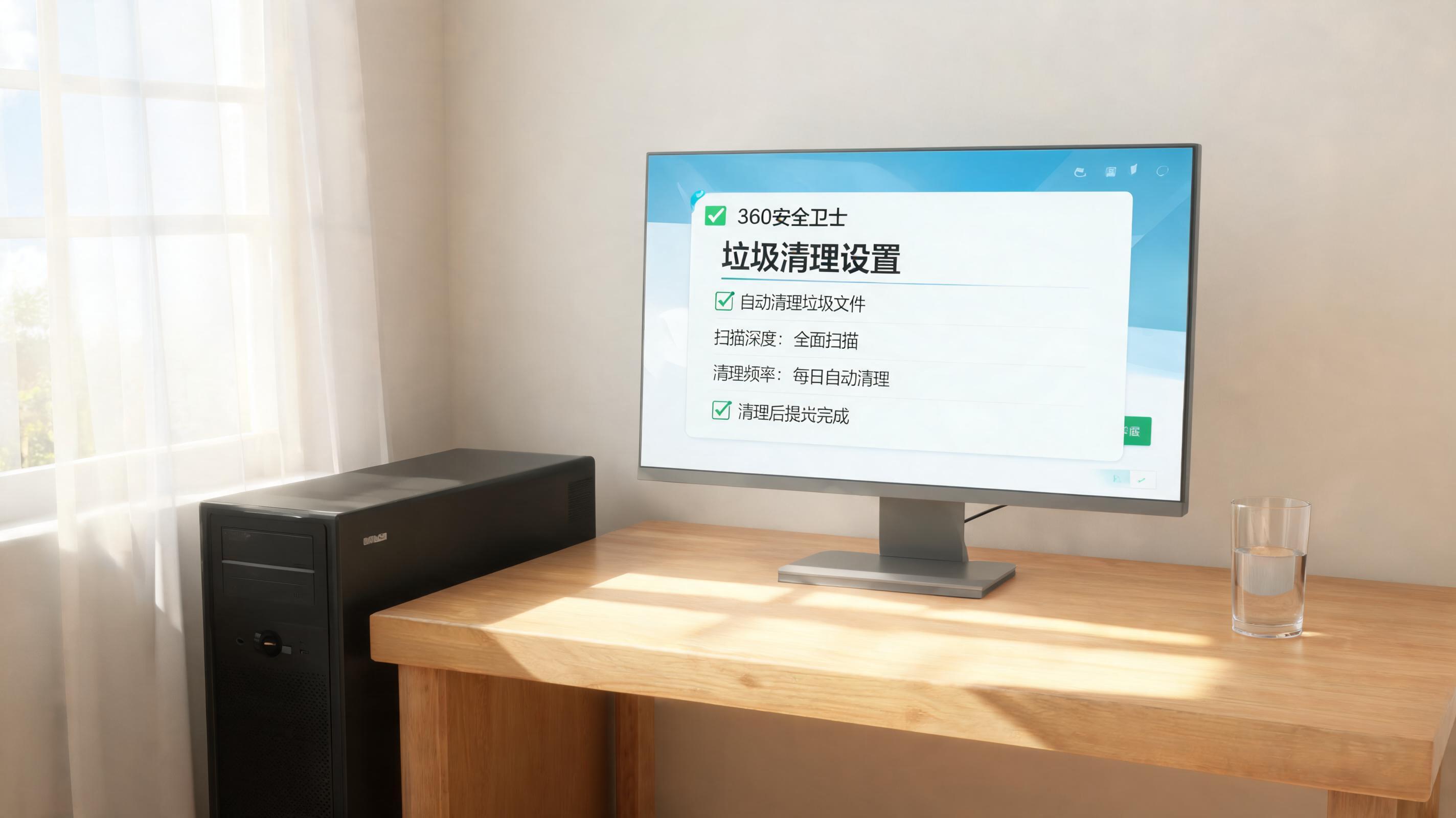书桌上的主机，屏幕显示360 安全卫士垃圾清理设置界面，桌角放着水杯，自然光