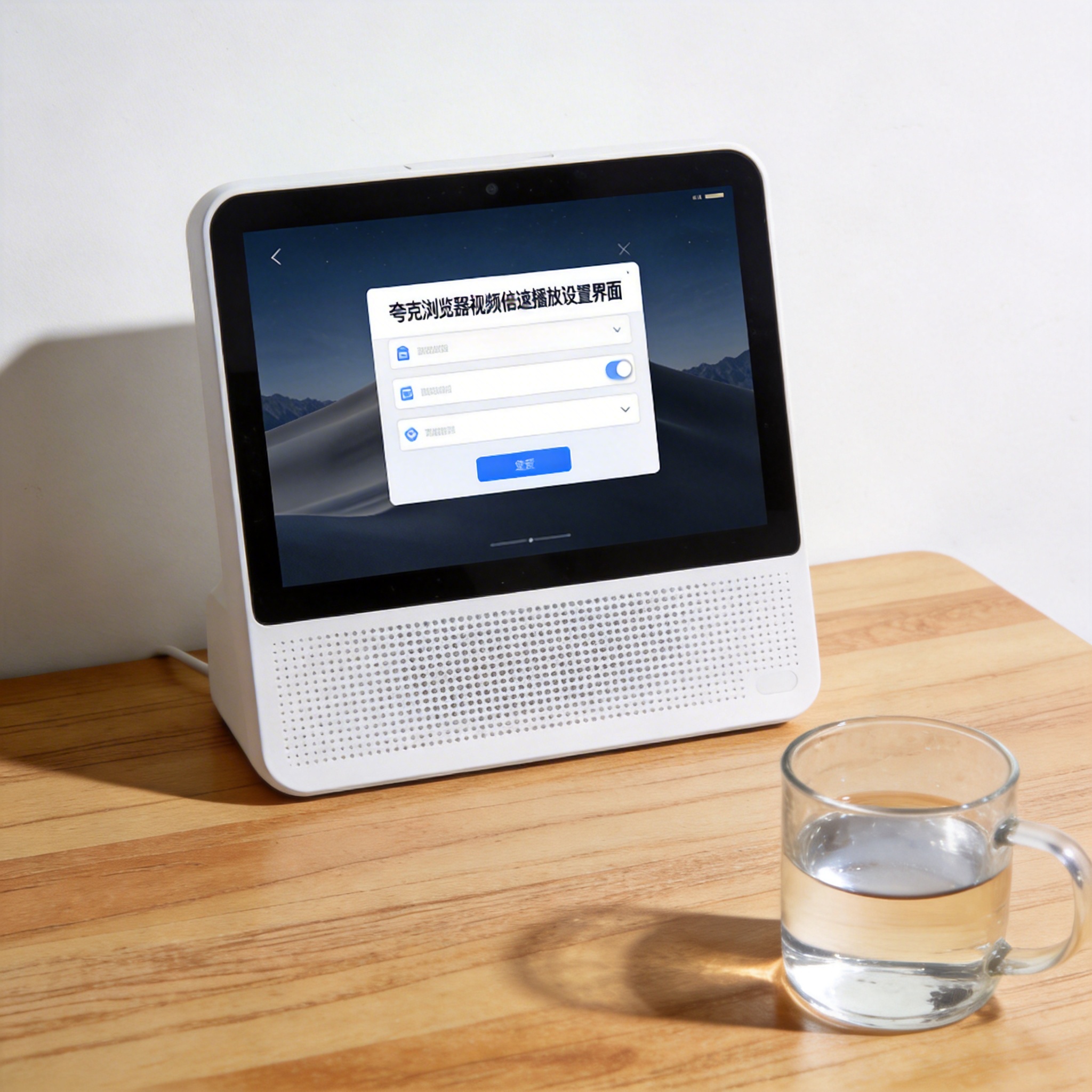 书桌上的主机，屏幕显示夸克浏览器视频倍速播放设置界面，桌角放着水杯，自然光