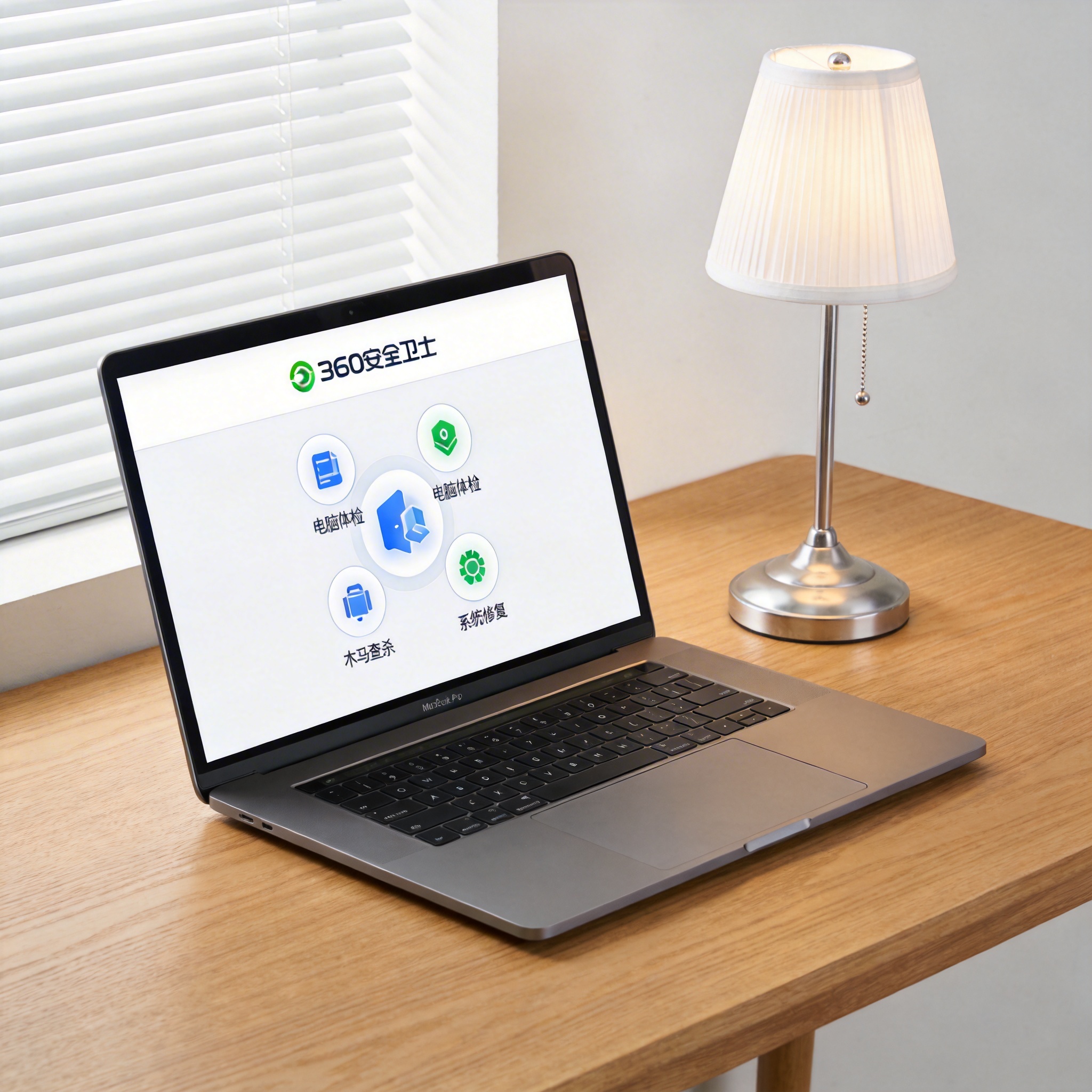 电脑桌上的电脑，屏幕显示360界面，旁边放着台灯