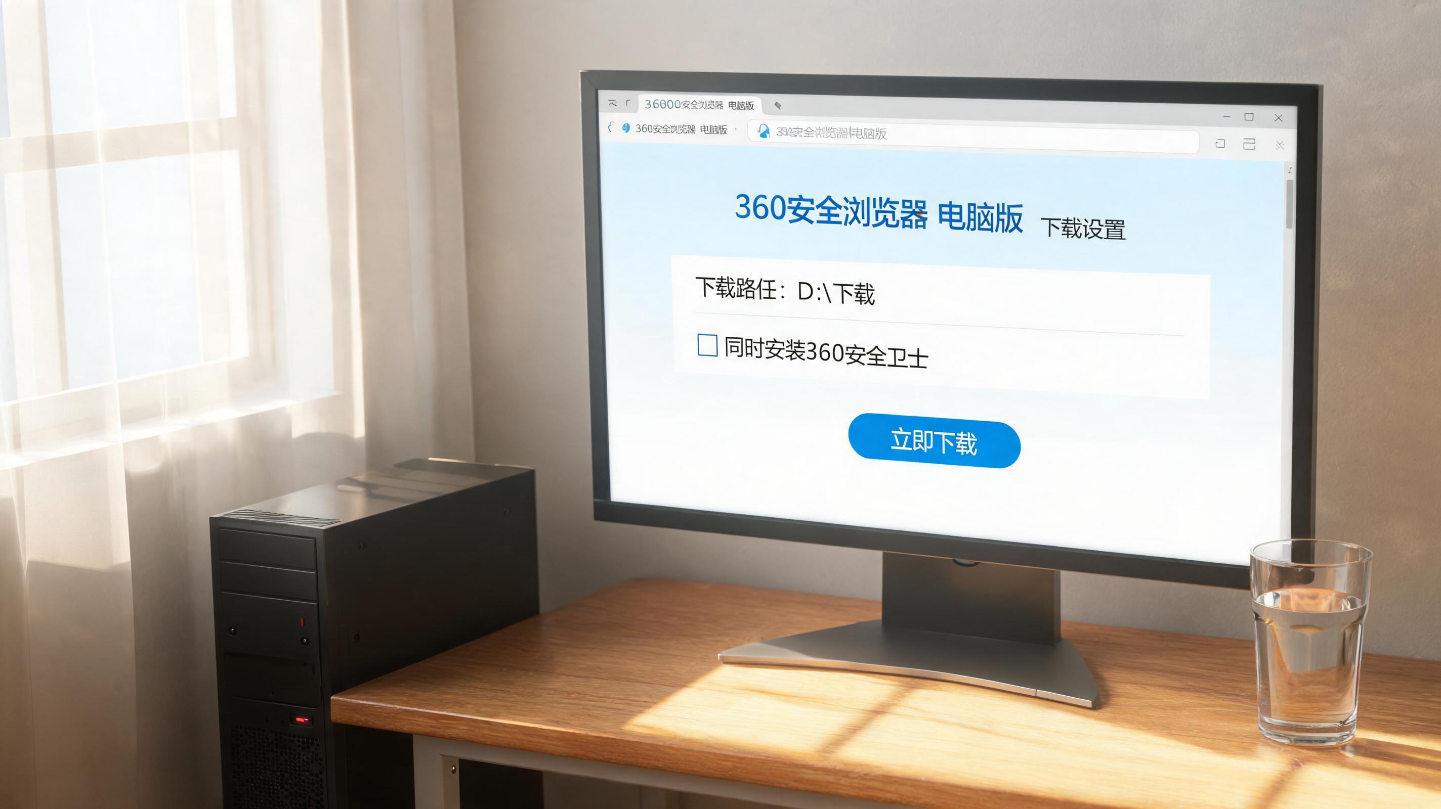 书桌上的主机，屏幕显示360 安全浏览器电脑版下载设置界面，桌角放着水杯，自然光