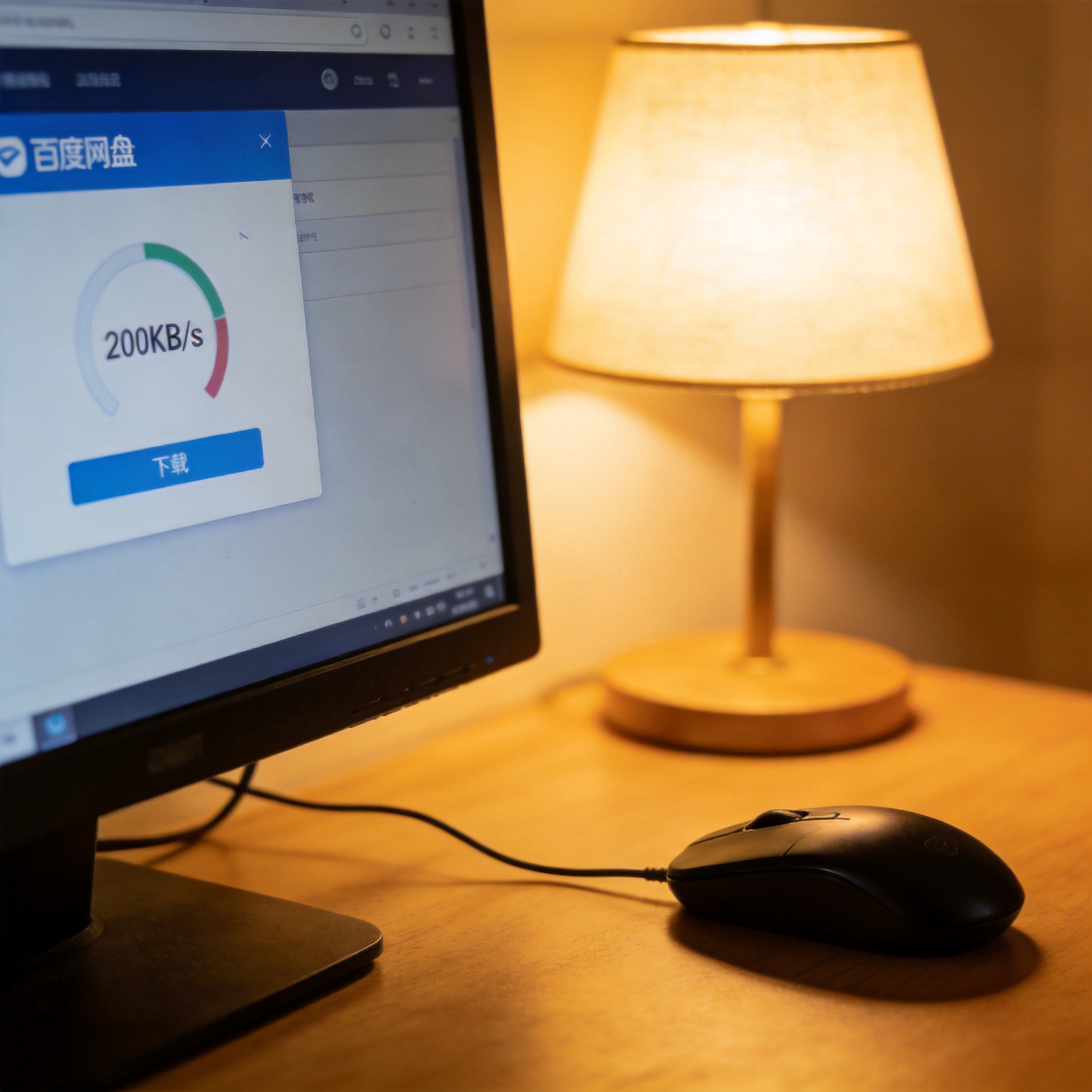 电脑屏幕显示百度网盘下载界面，下载速度显示200KB/s，旁边摆着黑色有线鼠标，台灯暖光