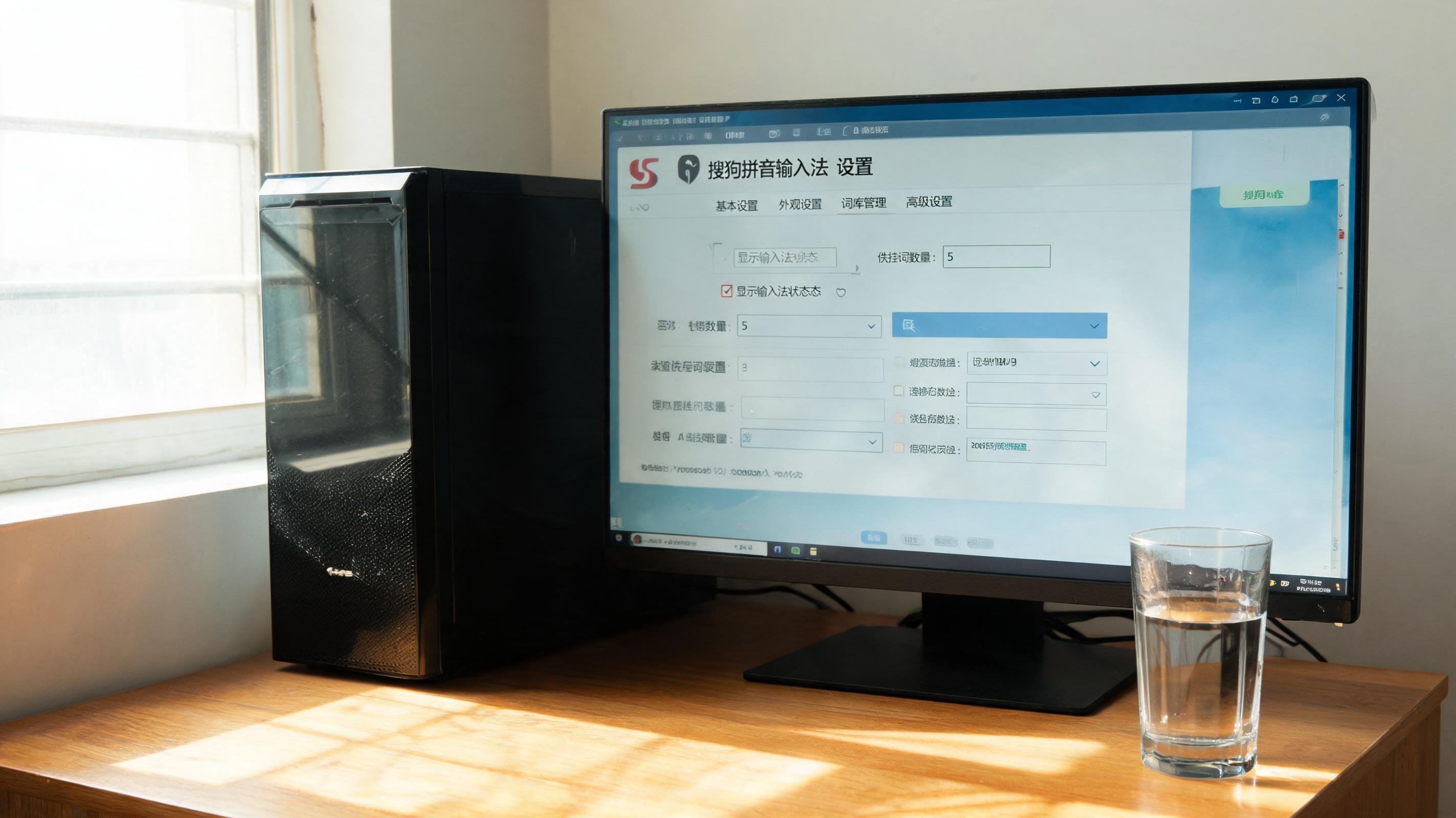 书桌上的主机，屏幕显示搜狗拼音输入法设置界面，桌角放着水杯，自然光