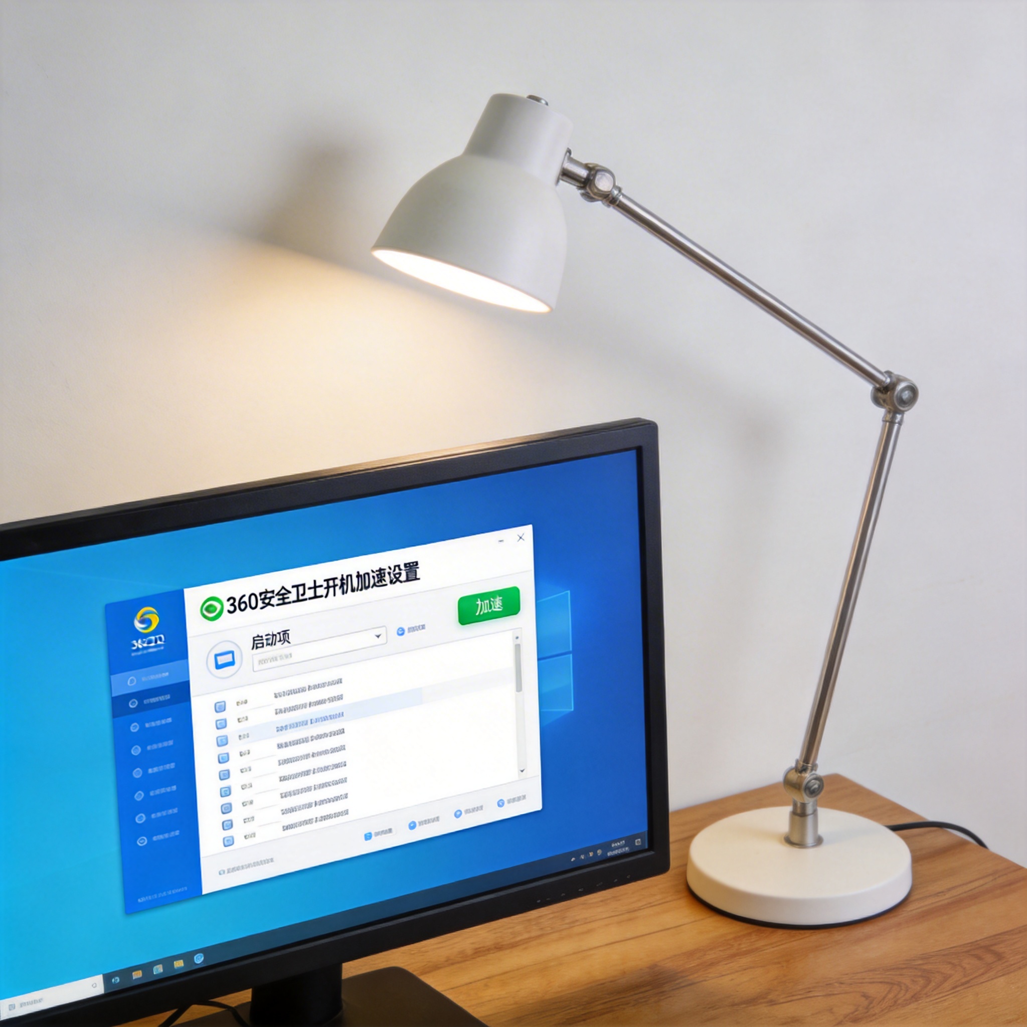 电脑桌上的电脑，屏幕显示360 安全卫士开机加速设置界面，旁边放着台灯