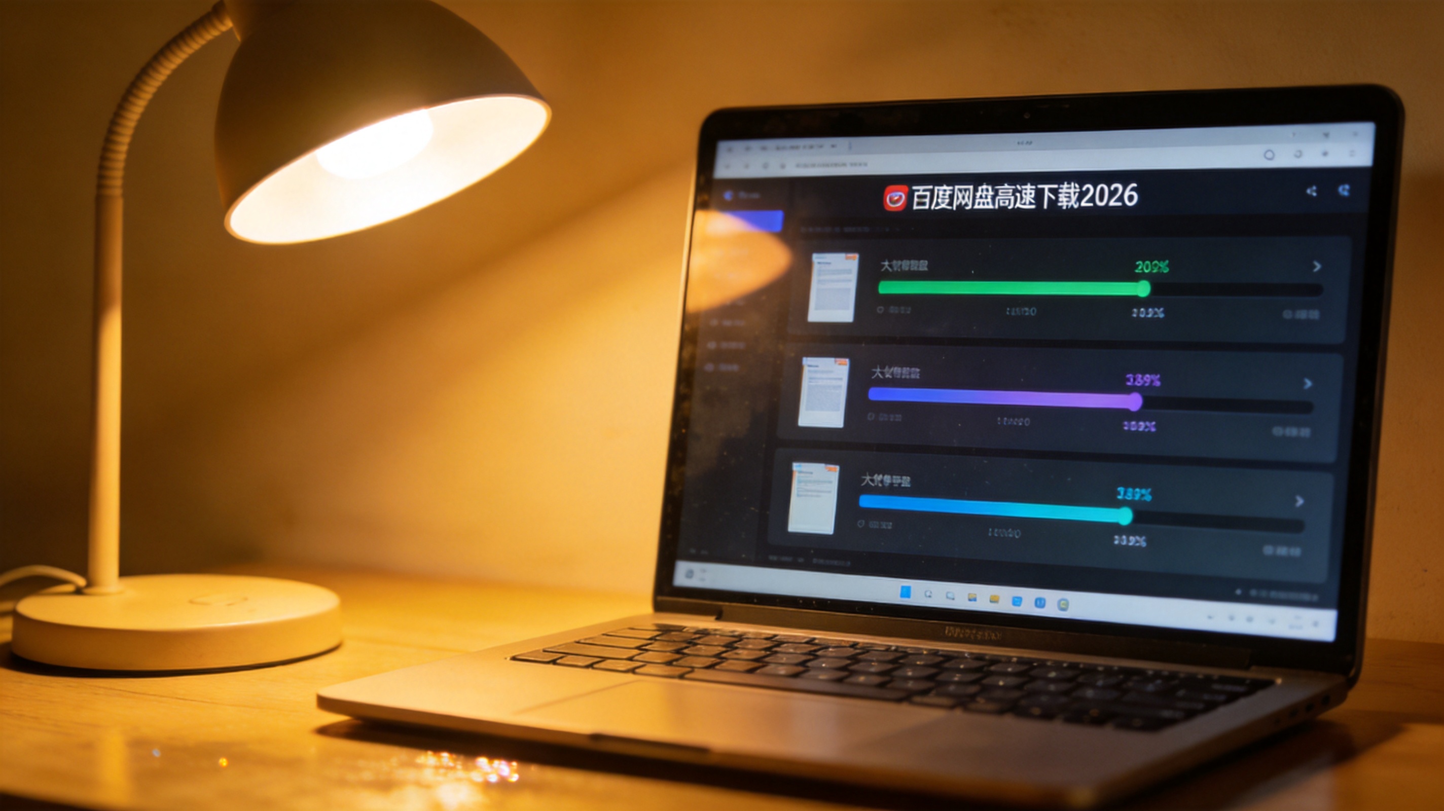 桌面的电脑屏幕显示百度网盘高速下载2026界面，三个大文件并行下载，进度条分别显示不同完成度，台灯暖光