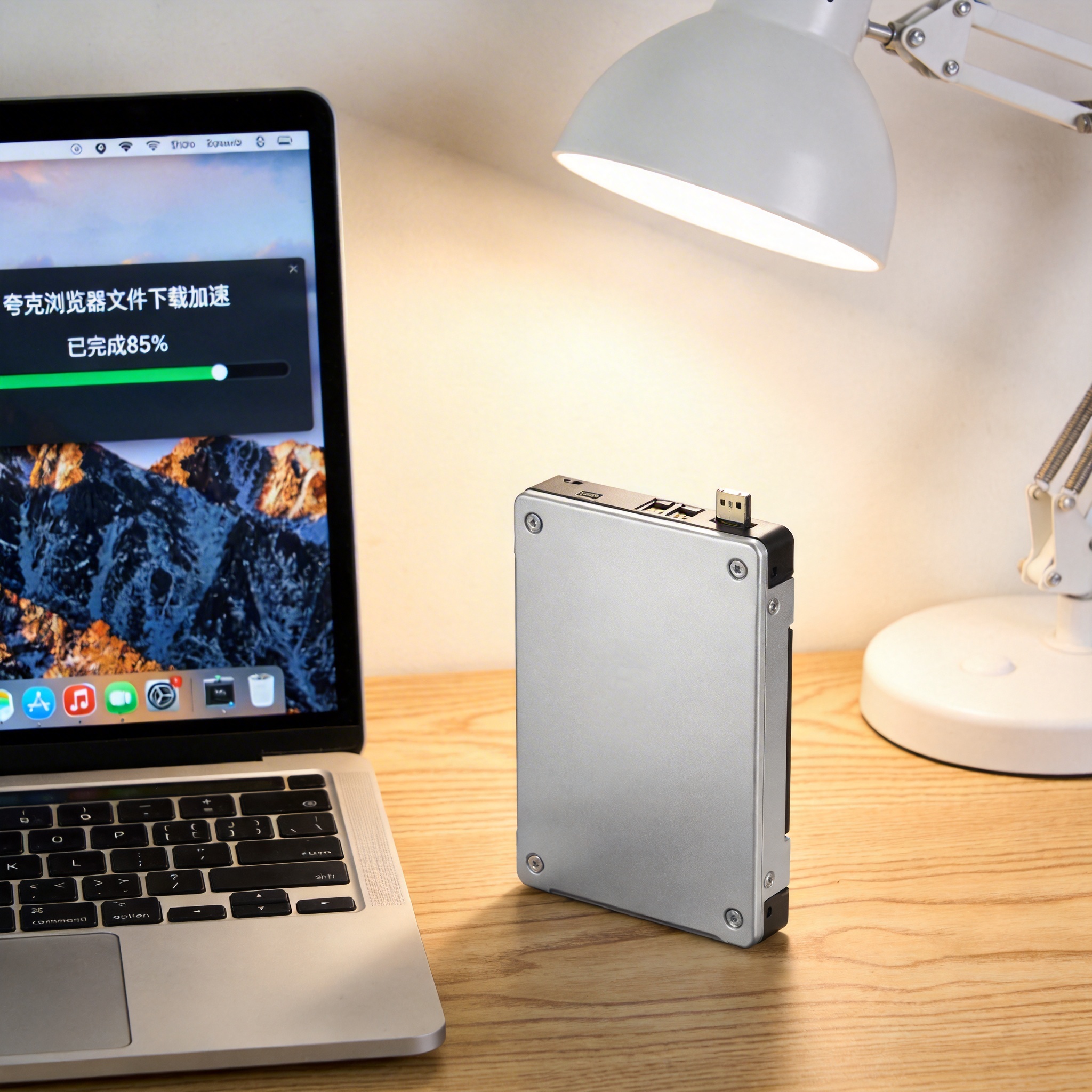 电脑桌上的硬盘，屏幕显示夸克浏览器文件下载加速进度条，旁边放着台灯