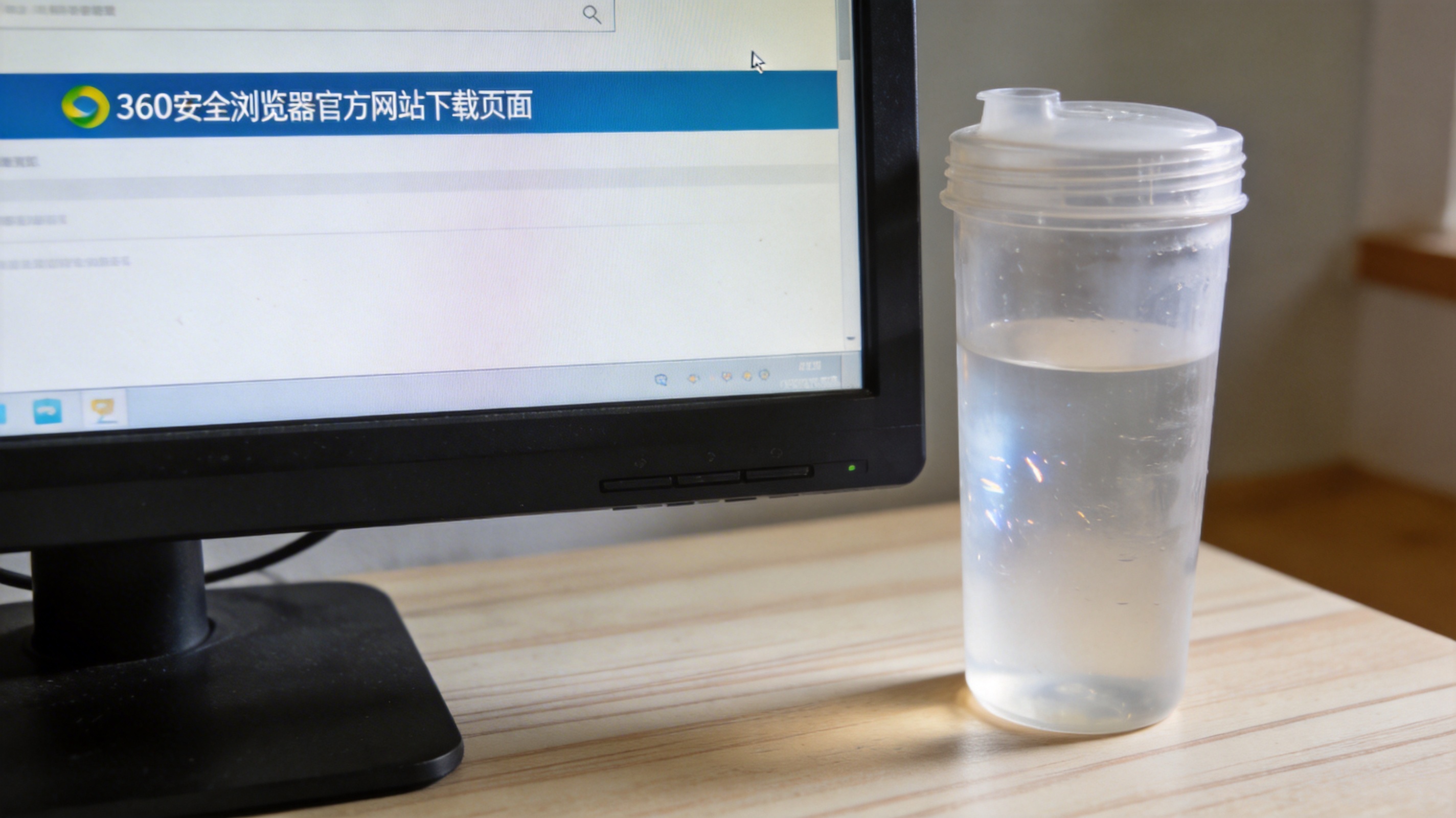 电脑桌面，屏幕显示360安全浏览器官方网站下载页面，旁边放着半透明塑料水杯，室内自然光