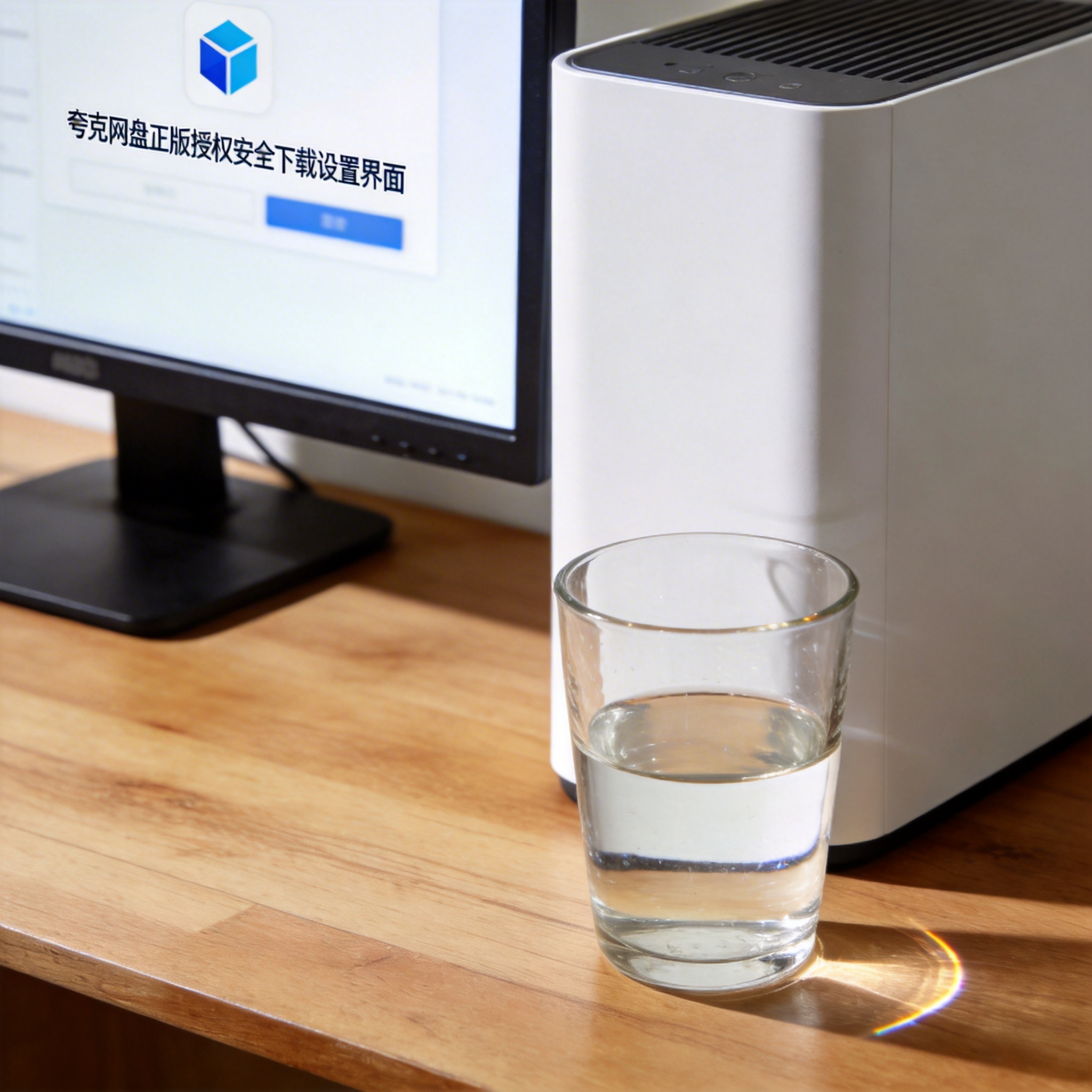 书桌上的主机，屏幕显示夸克网盘正版授权安全下载设置界面，桌角放着水杯，自然光