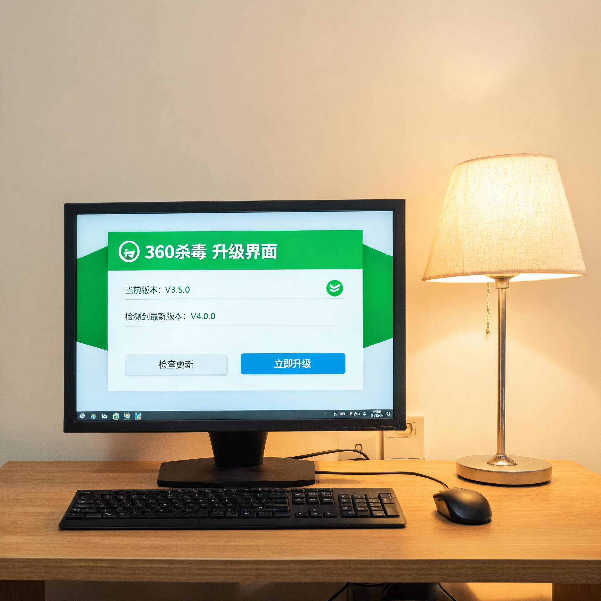 电脑桌上的电脑，屏幕显示360 杀毒软件如何升级界面，旁边放着台灯