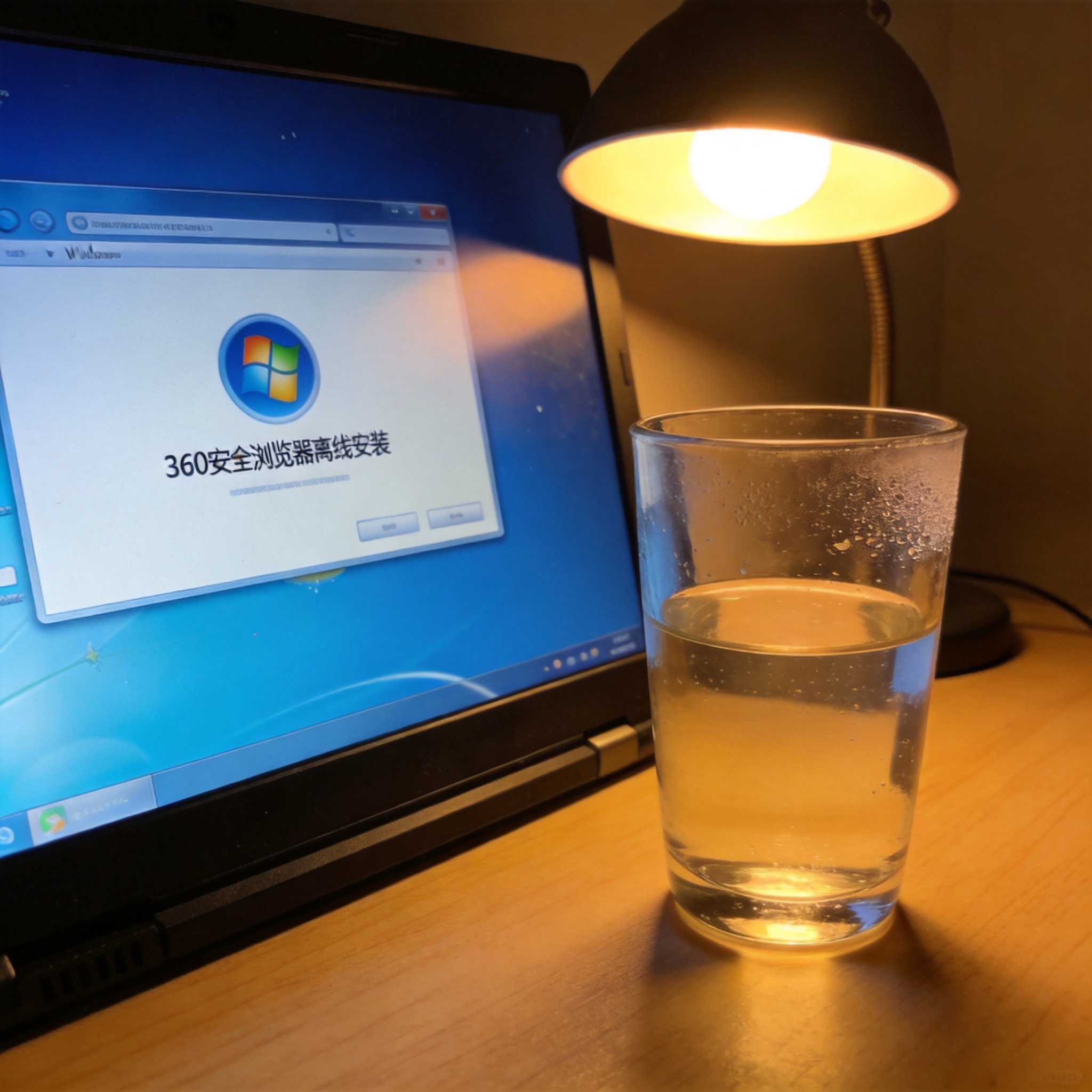 桌面的电脑屏幕显示Windows系统下的360安全浏览器离线安装界面，旁边摆着半杯温水，台灯暖光