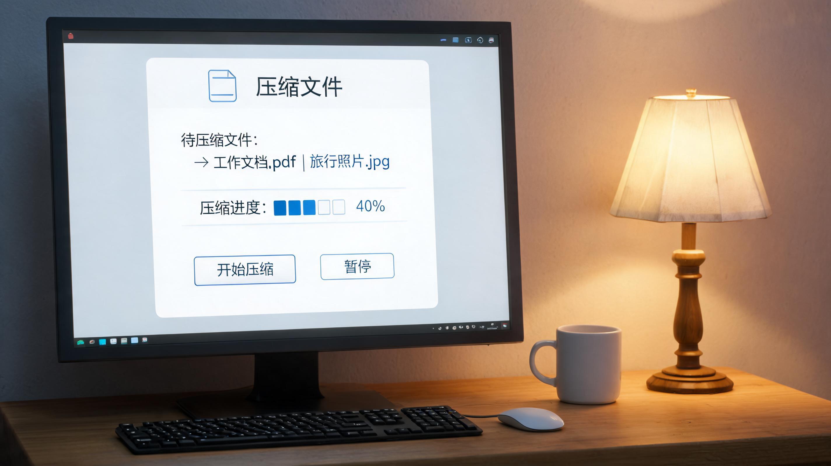 电脑桌上的电脑，屏幕显示文件压缩界面，旁边放着台灯