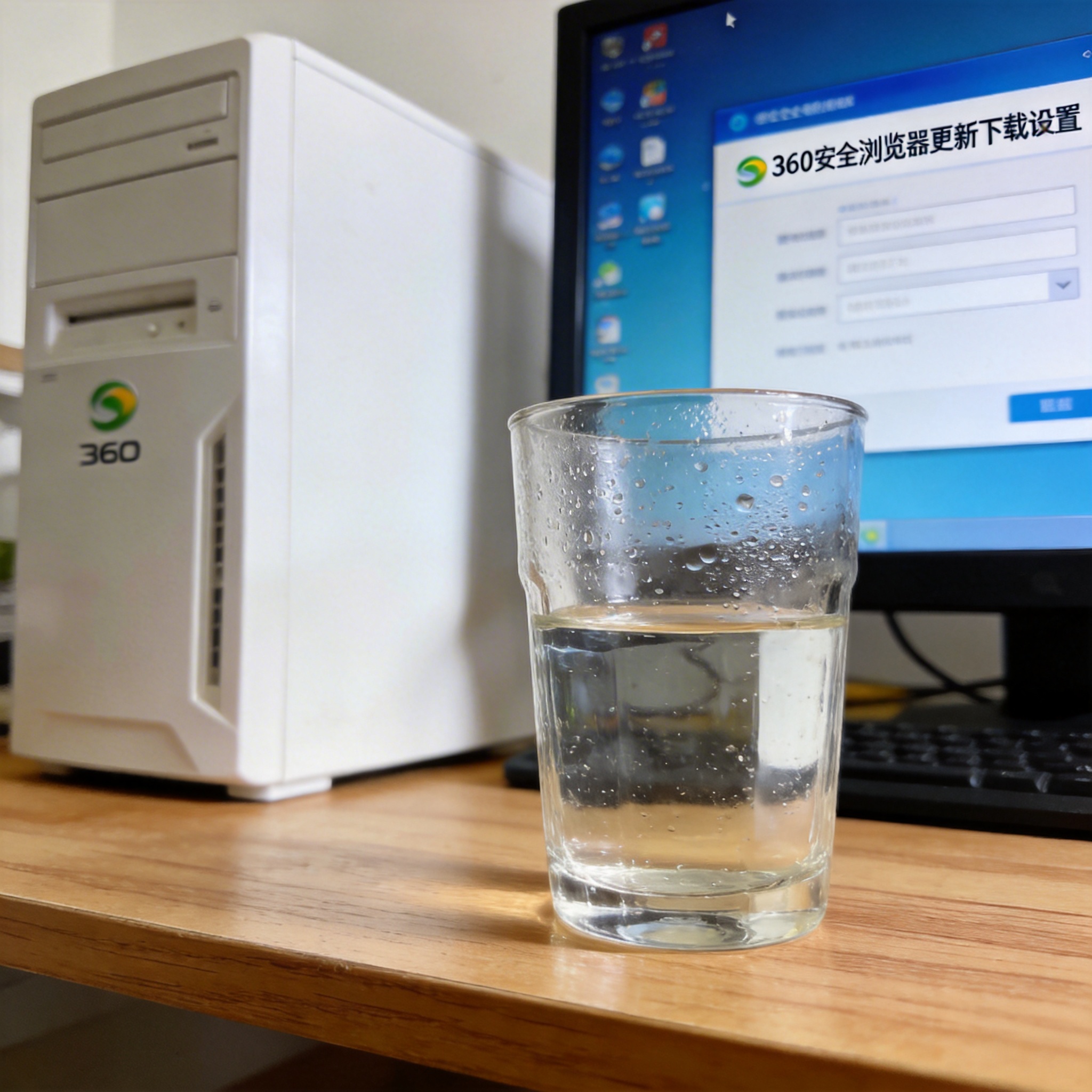 书桌上的主机，屏幕显示360 安全浏览器更新下载设置界面，桌角放着水杯，自然光