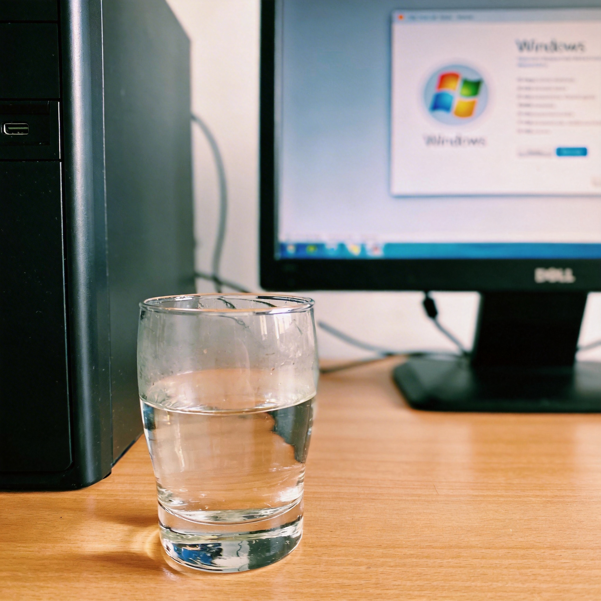 书桌上的主机，屏幕显示Windows设置界面，桌角放着水杯，自然光