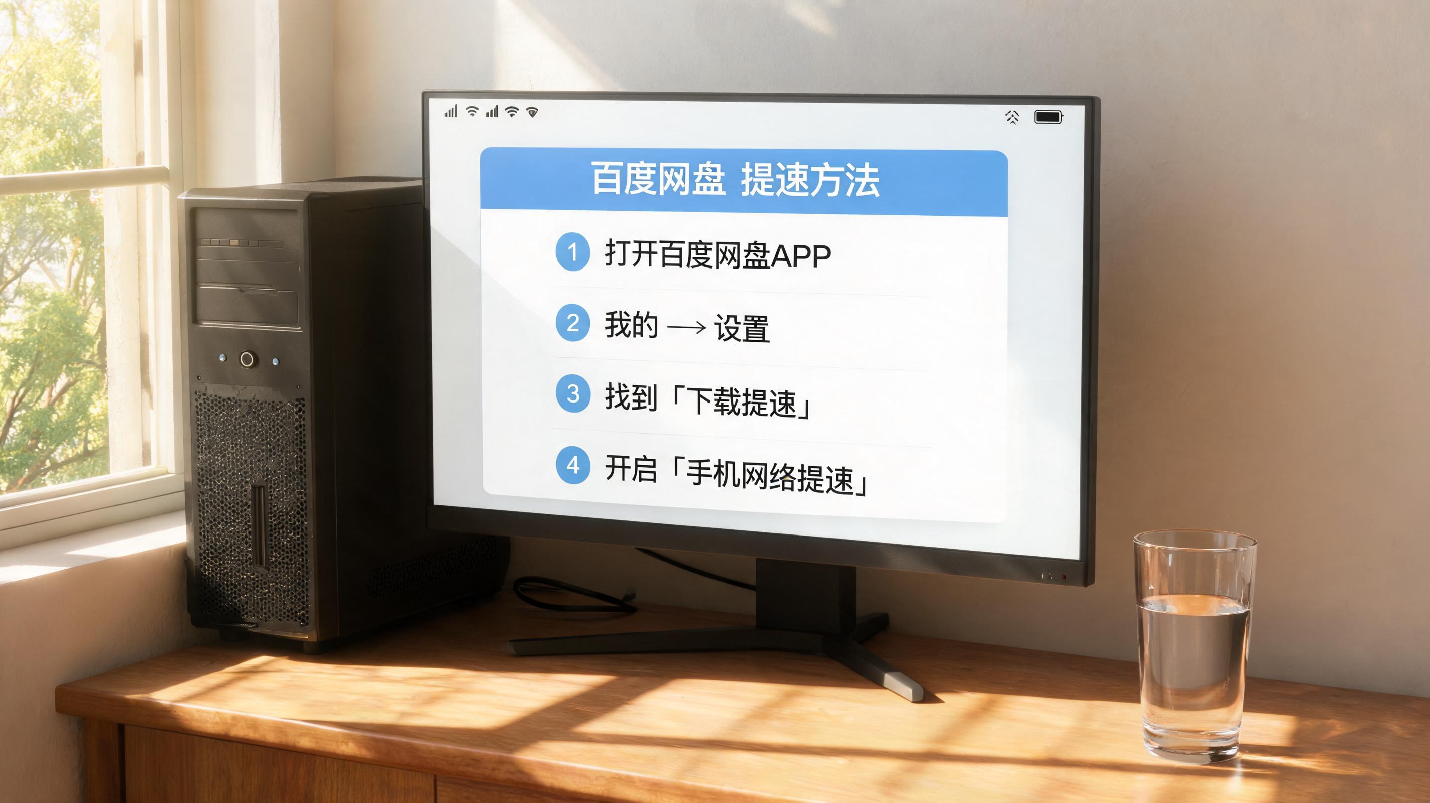 书桌上的主机，屏幕显示百度网盘提速方法手机设置界面，桌角放着水杯，自然光