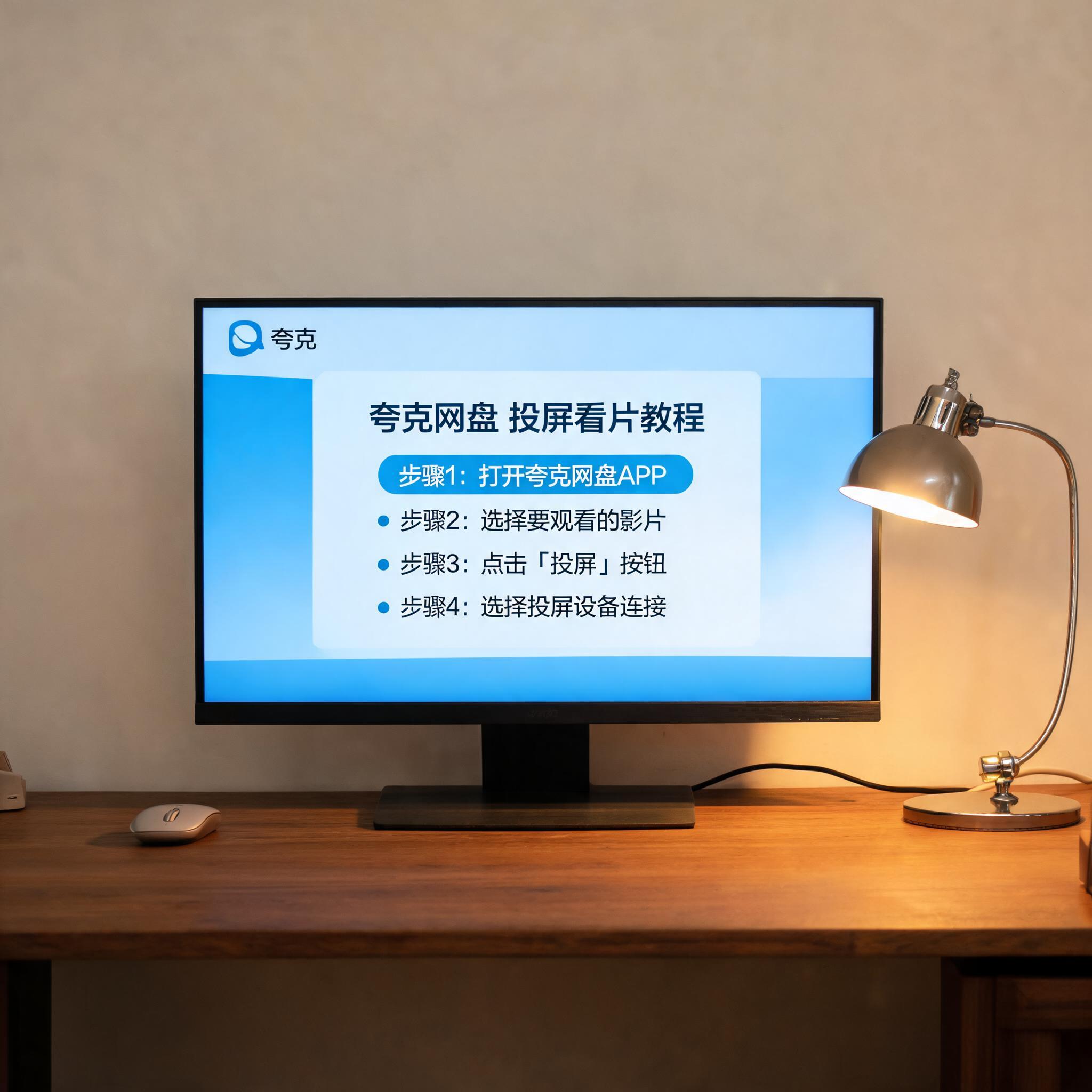 电脑桌上的电脑，屏幕显示夸克网盘投屏看片教程界面，旁边放着台灯