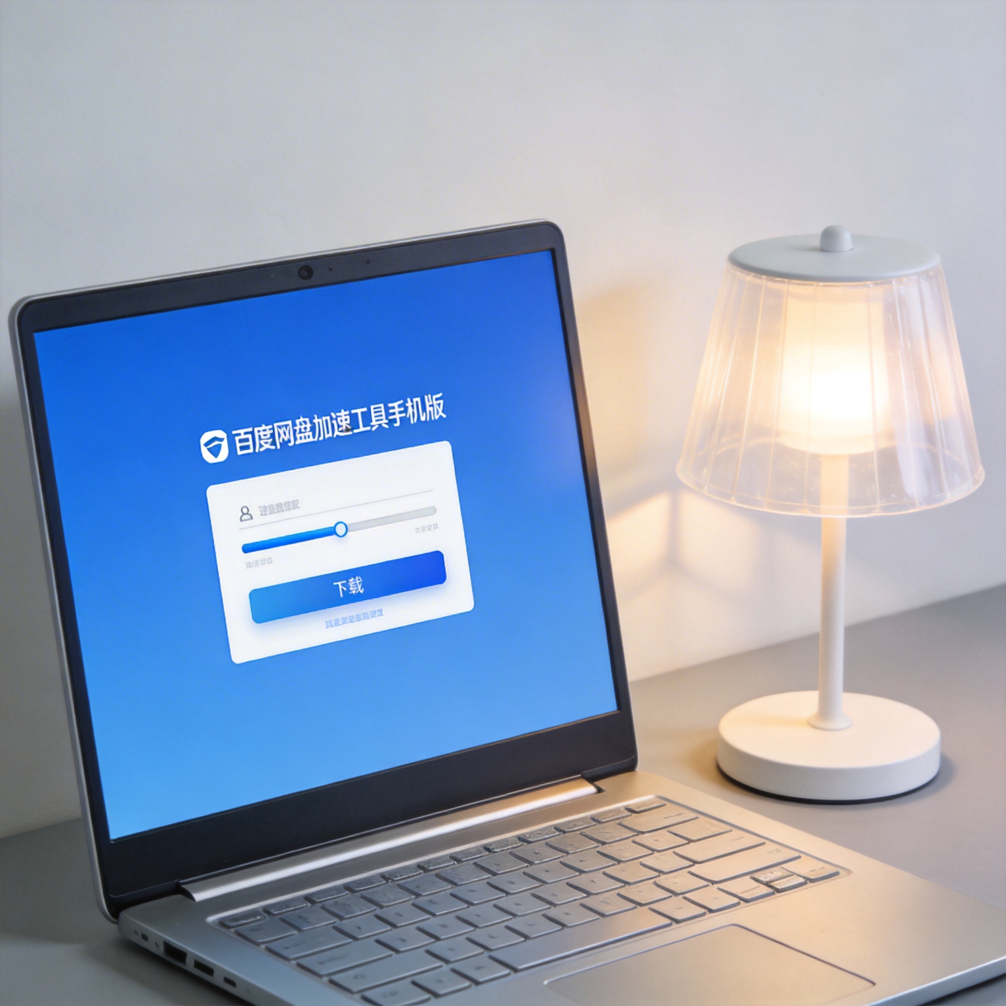 电脑桌上的电脑，屏幕显示百度网盘加速工具手机版界面，旁边放着台灯