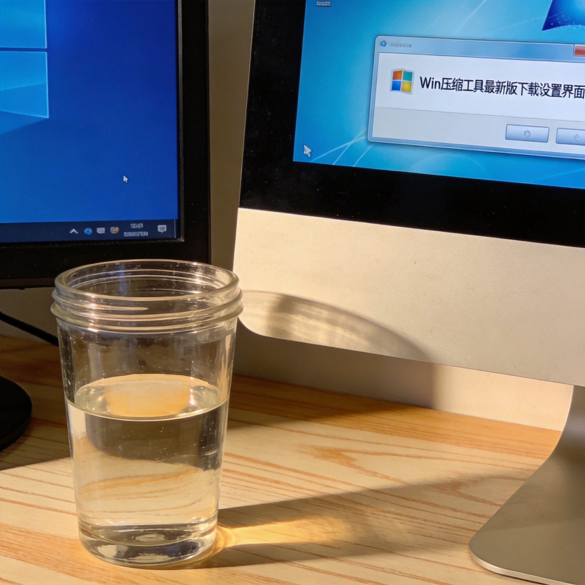 书桌上的电脑，屏幕显示win 压缩工具最新版下载设置界面，桌角放着水杯，自然光