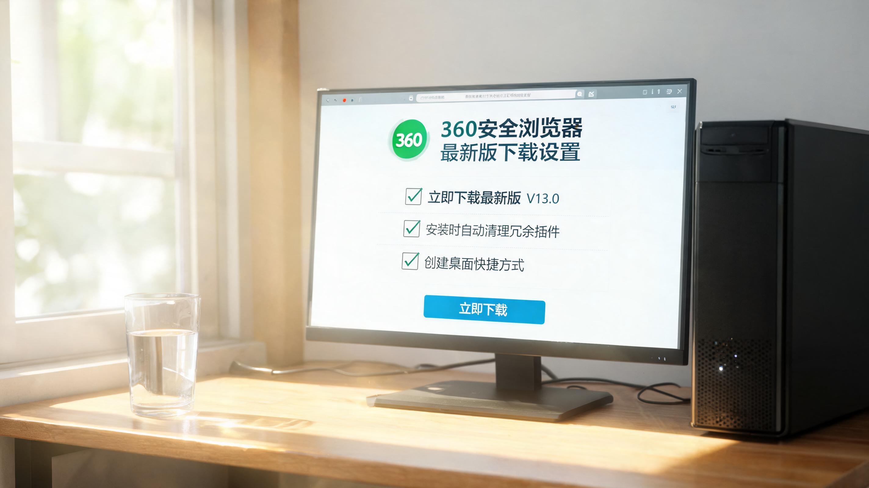 书桌上的主机，屏幕显示360 安全浏览器最新版下载设置界面，桌角放着水杯，自然光