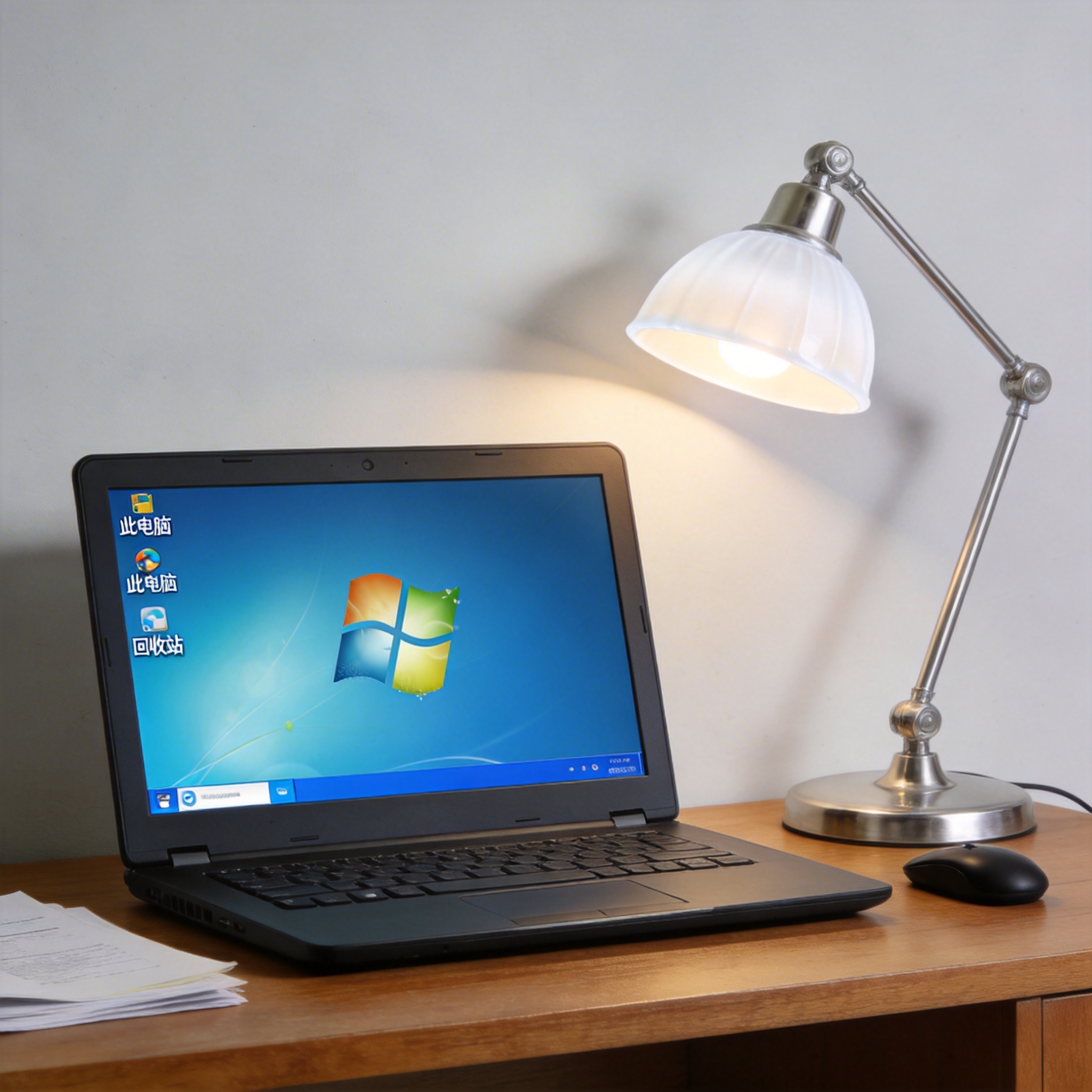 电脑桌上的电脑，屏幕显示Windows界面，旁边放着台灯