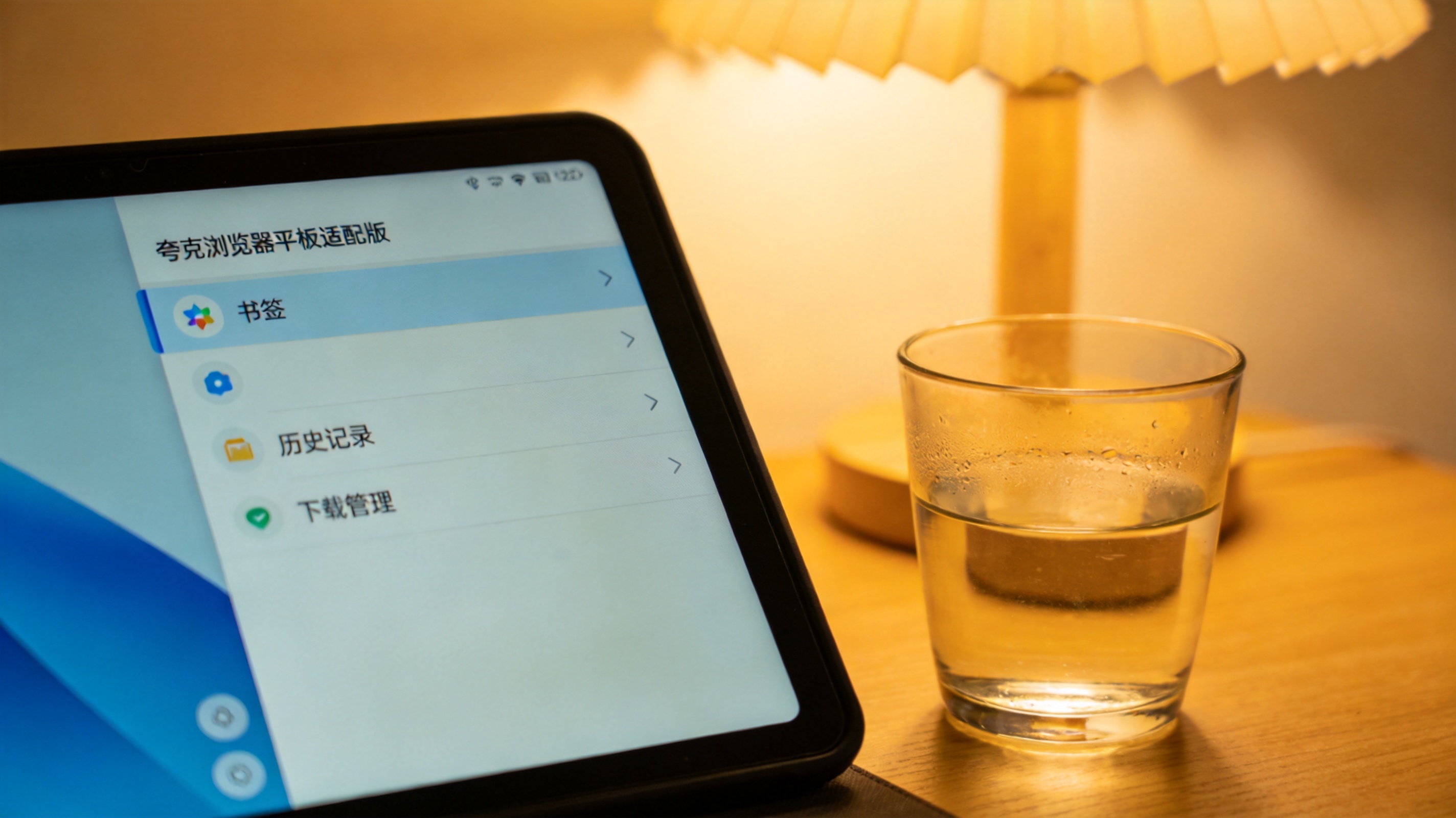 桌面的安卓平板屏幕显示夸克浏览器平板适配版的侧边栏，侧边栏里列着书签、历史记录和下载管理选项，旁边放着半杯温水，台灯暖光