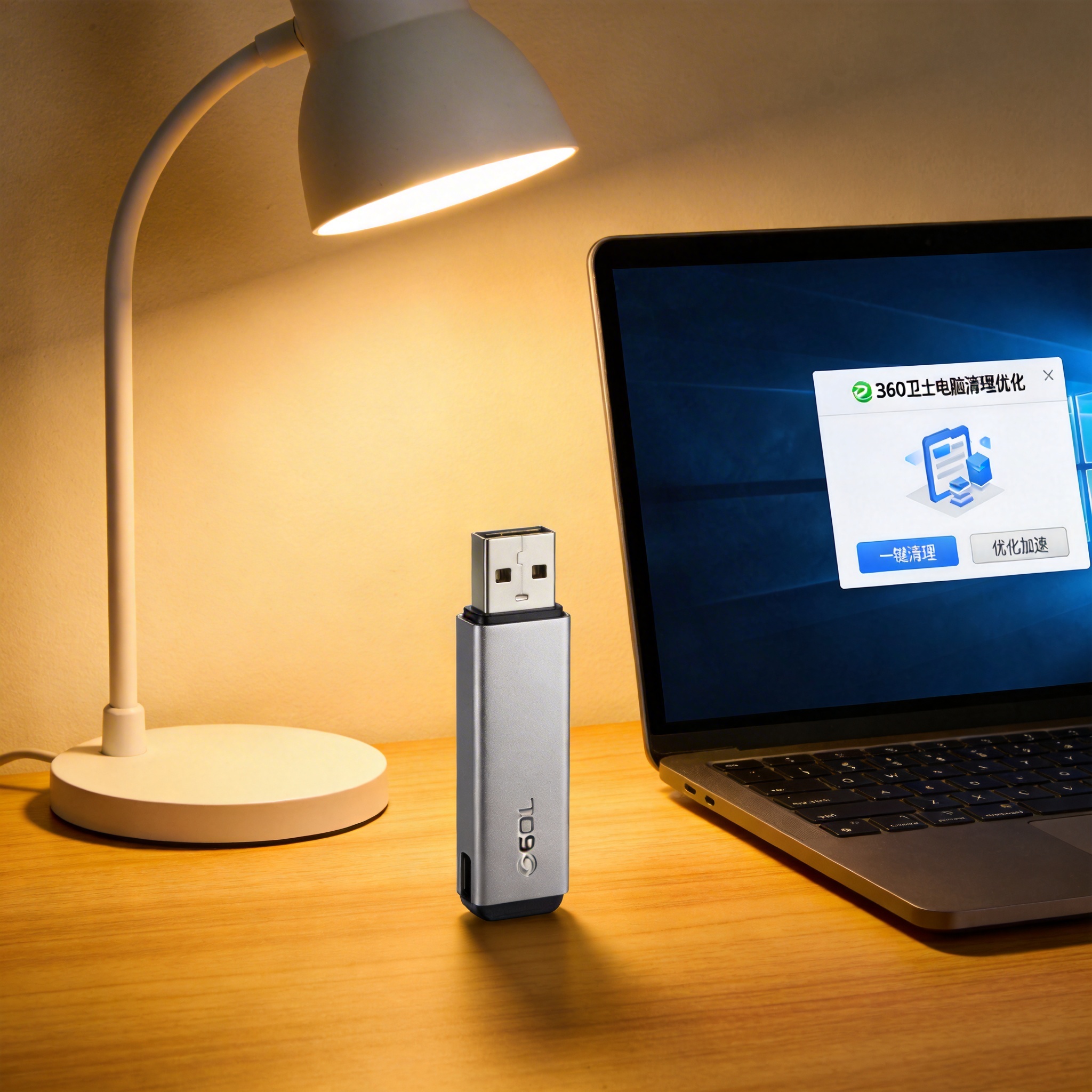电脑桌上的U盘，屏幕显示360 卫士电脑清理优化界面，旁边放着台灯