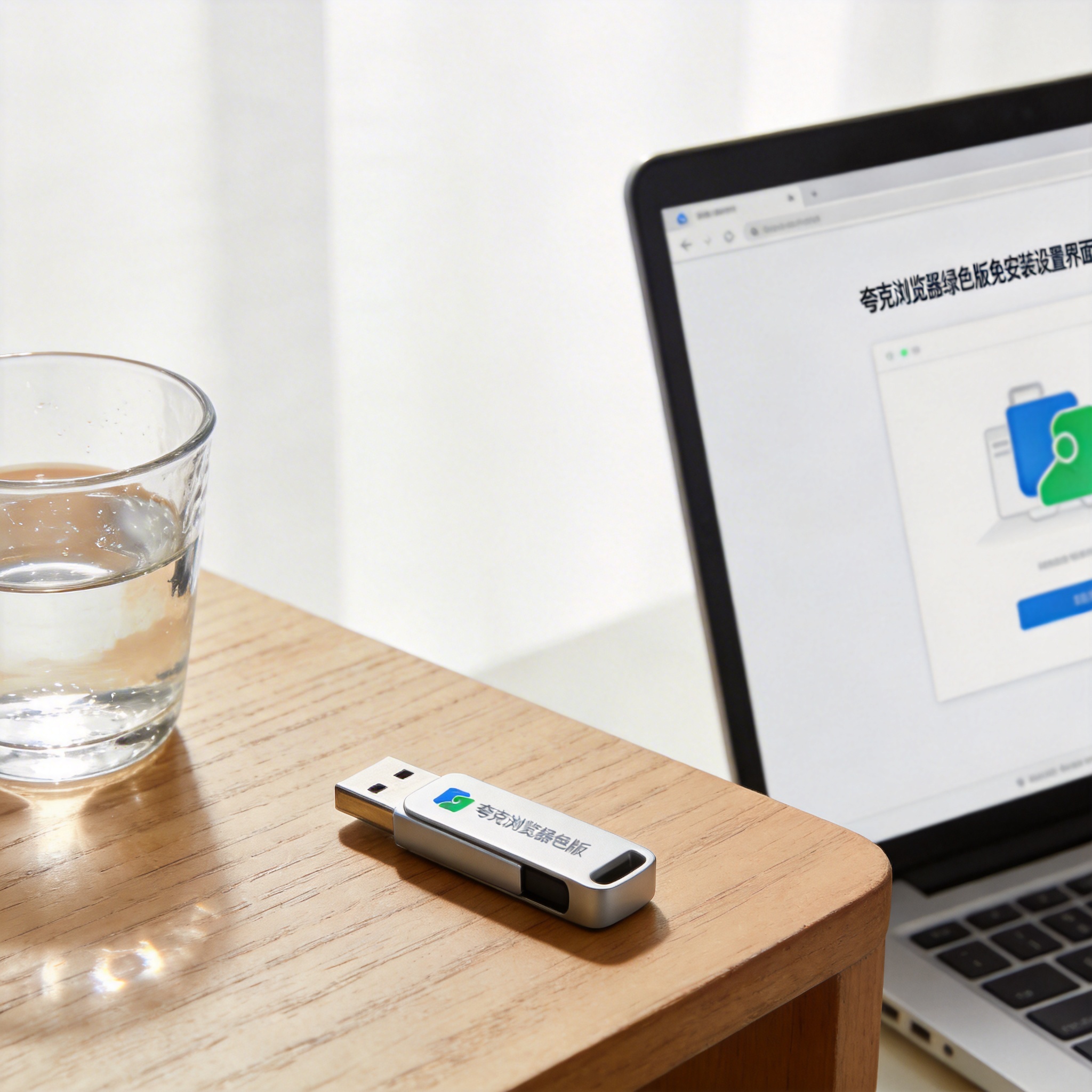 书桌上的U盘，屏幕显示夸克浏览器绿色版免安装设置界面，桌角放着水杯，自然光