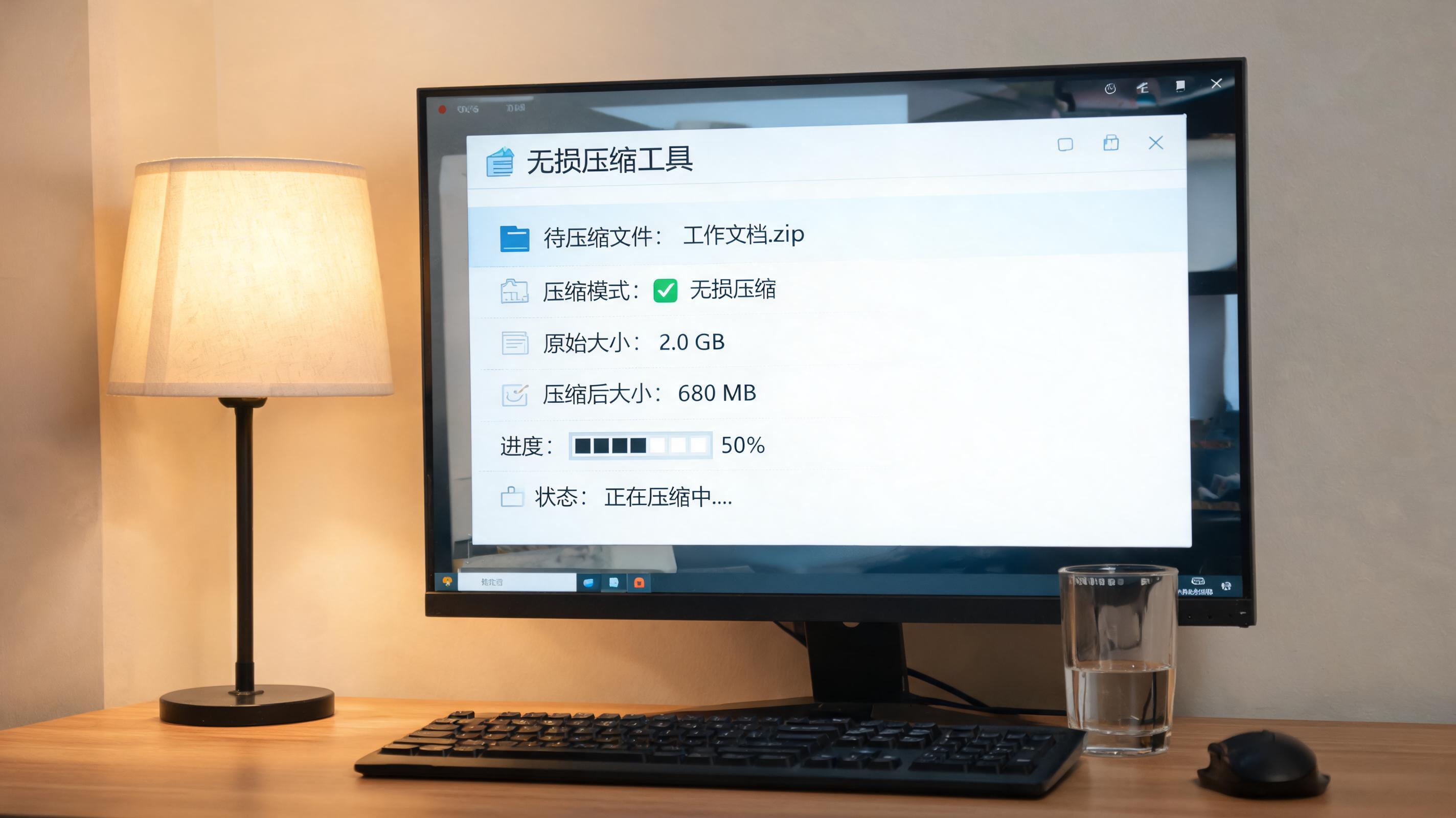 电脑桌上的电脑，屏幕显示压缩文件变小无损压缩窗口，旁边放着台灯