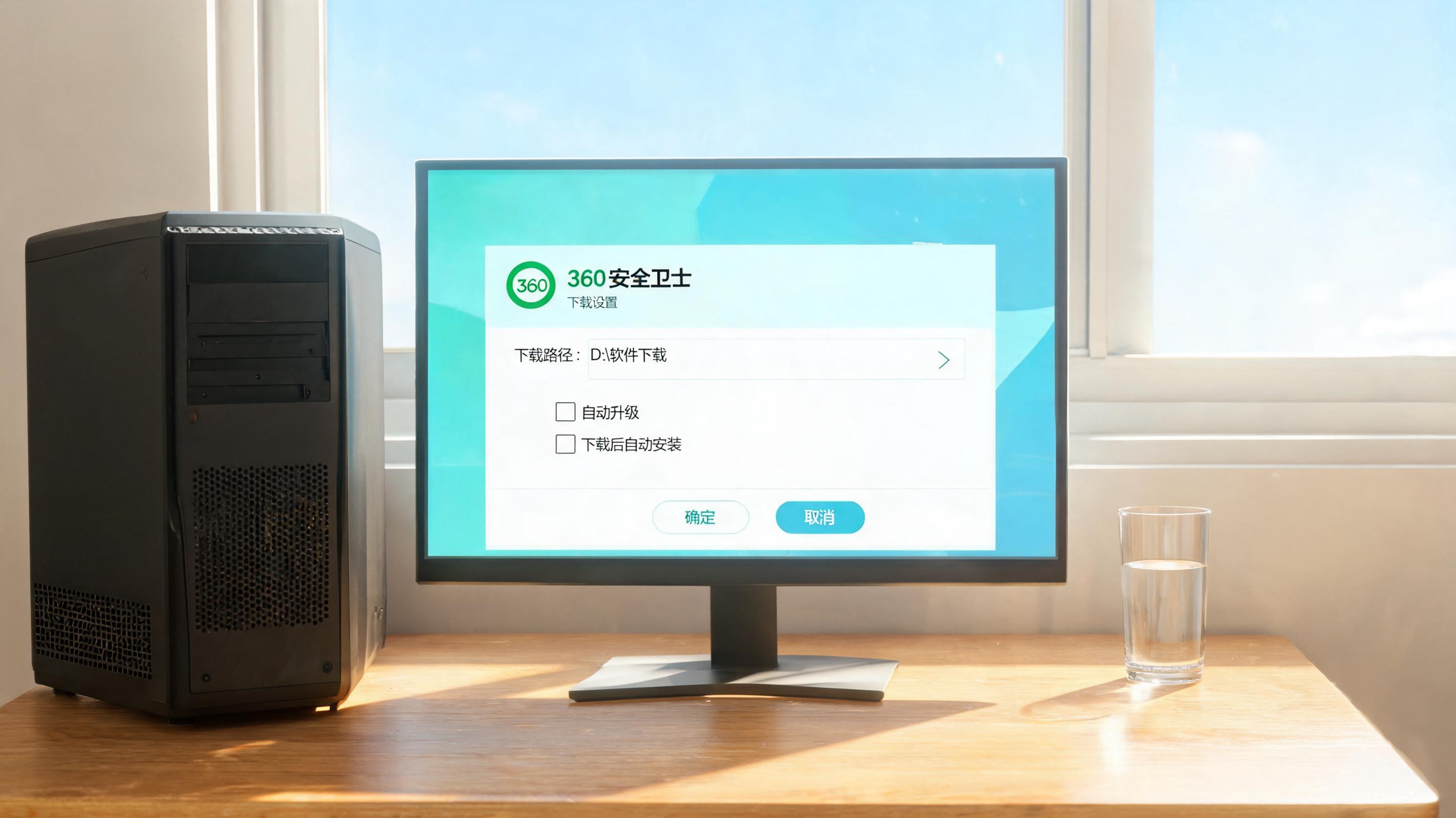 书桌上的主机，屏幕显示360 官方安全卫士下载设置界面，桌角放着水杯，自然光