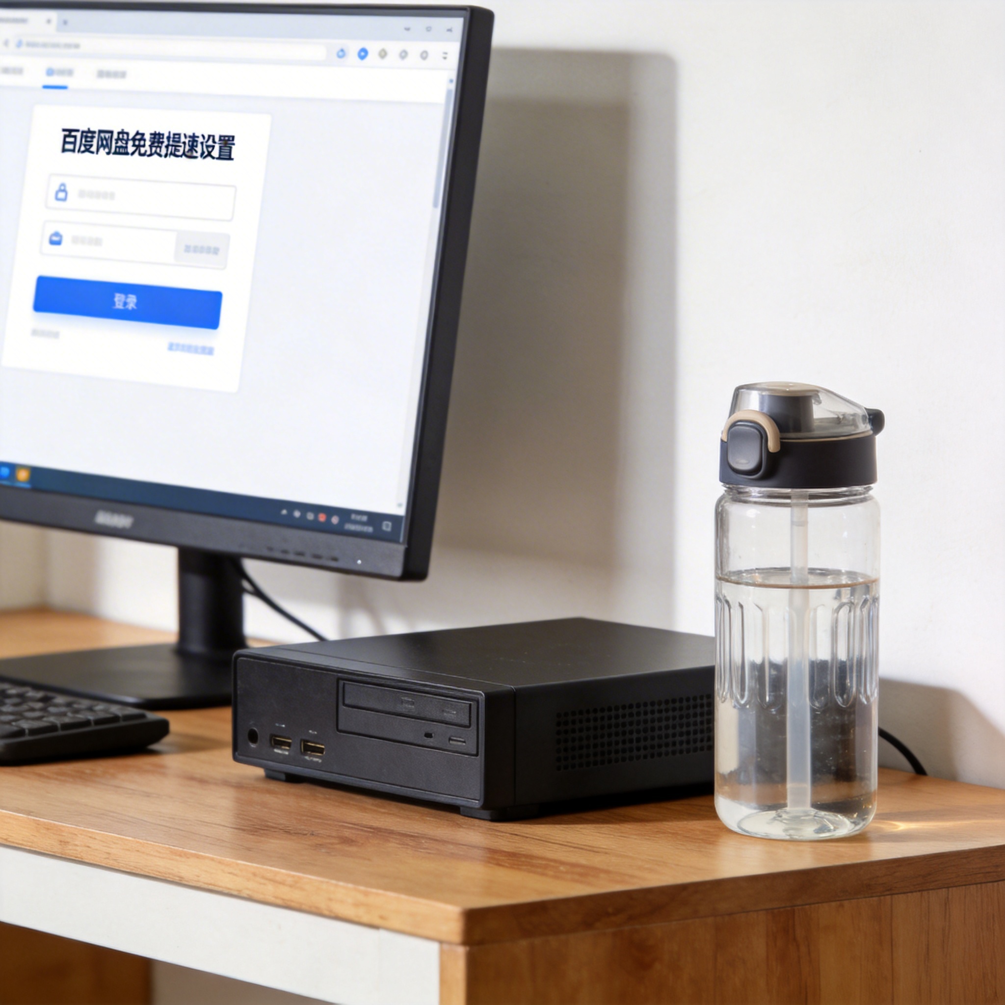 书桌上的主机，屏幕显示百度网盘免费提速设置设置界面，桌角放着水杯，自然光
