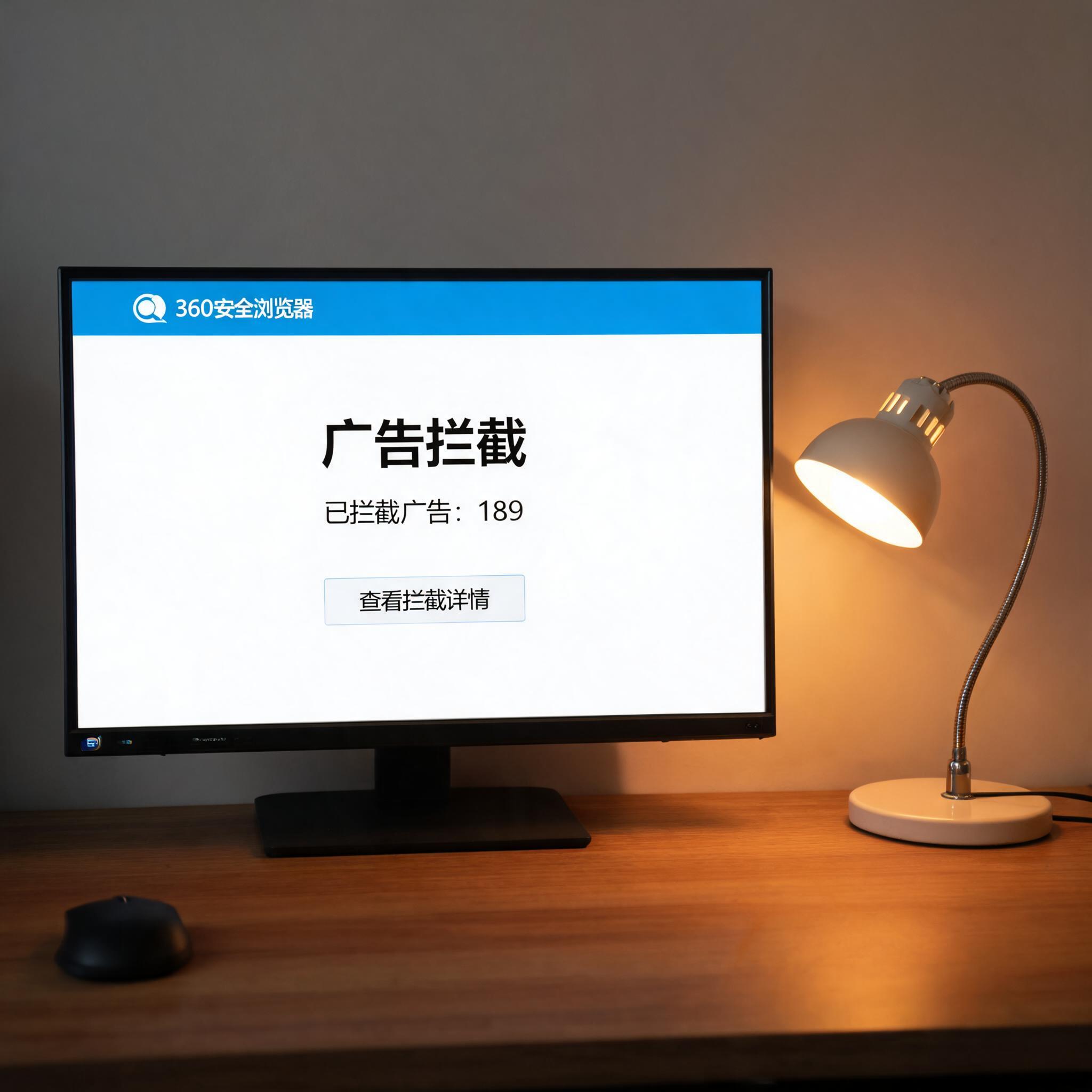 电脑桌上的电脑，屏幕显示360 安全浏览器广告拦截界面，旁边放着台灯