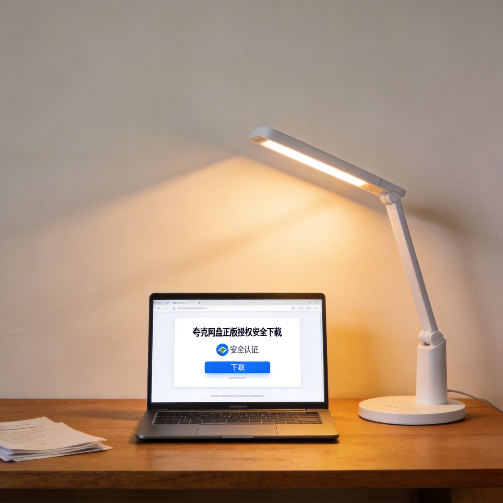 电脑桌上的电脑，屏幕显示夸克网盘正版授权安全下载界面，旁边放着台灯
