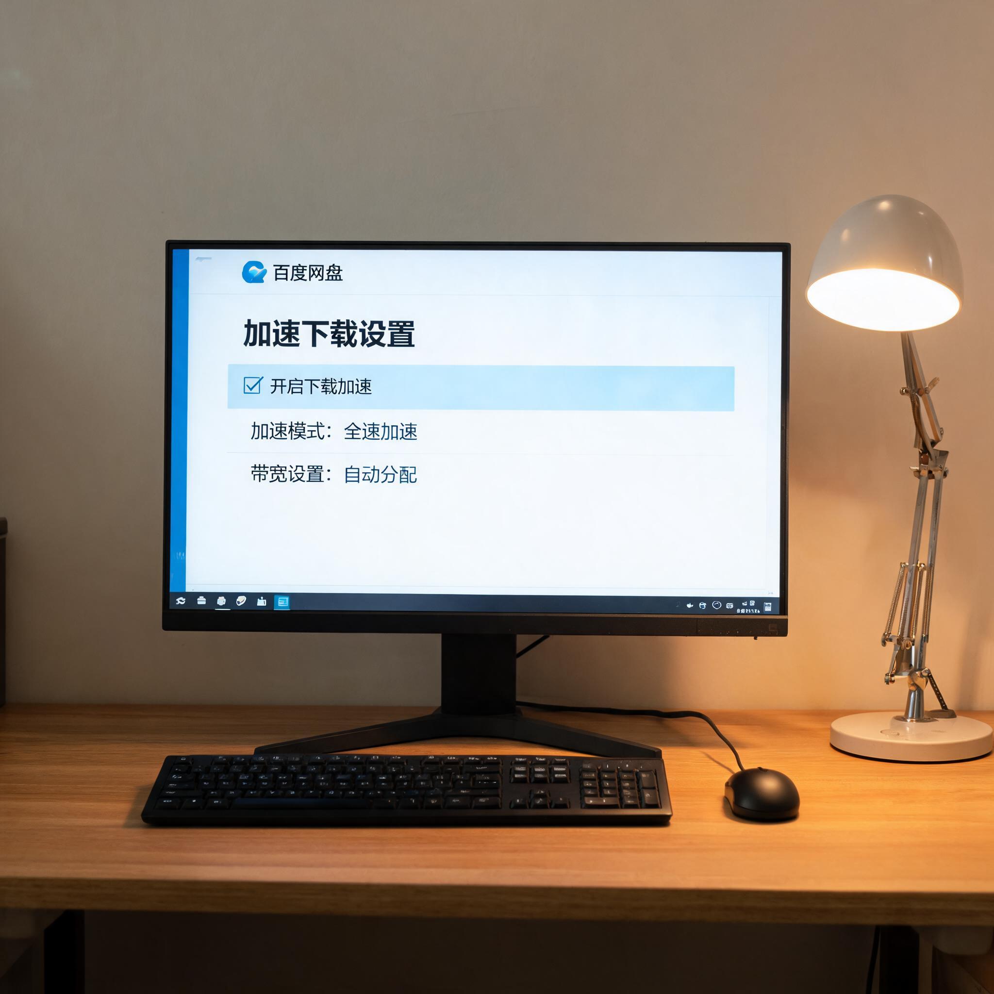 电脑桌上的电脑，屏幕显示百度网盘加速下载电脑设置界面，旁边放着台灯
