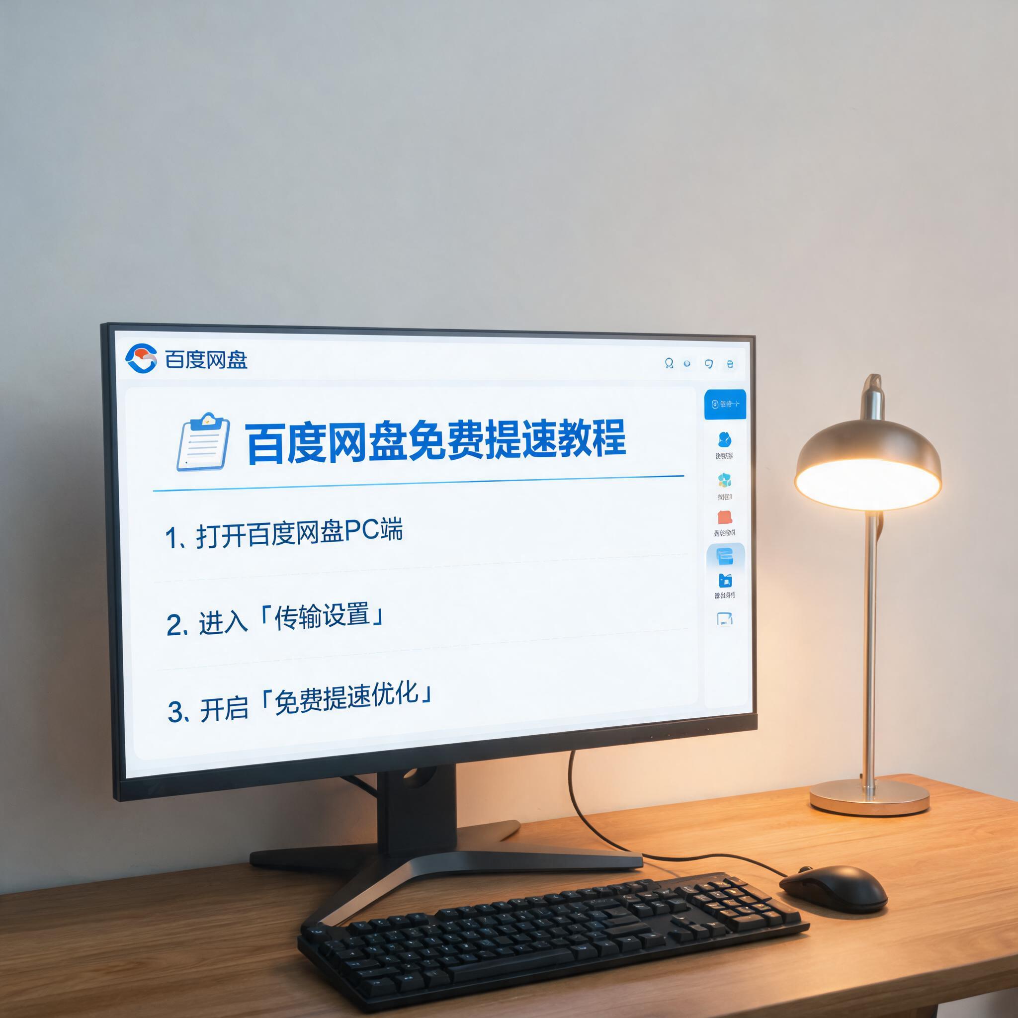 电脑桌上的电脑，屏幕显示百度网盘免费提速教程界面，旁边放着台灯