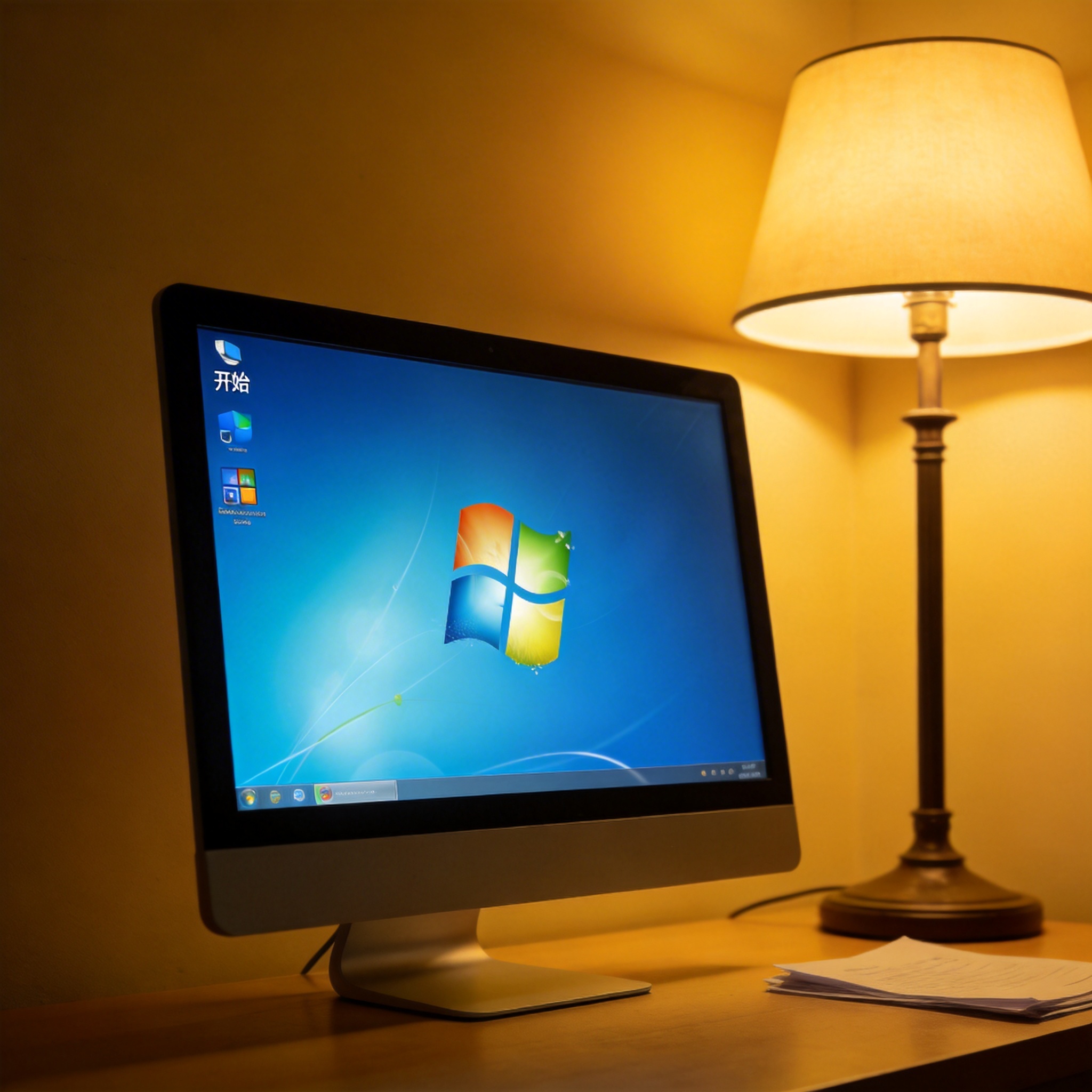 电脑桌上的电脑，屏幕显示Windows界面，旁边放着台灯