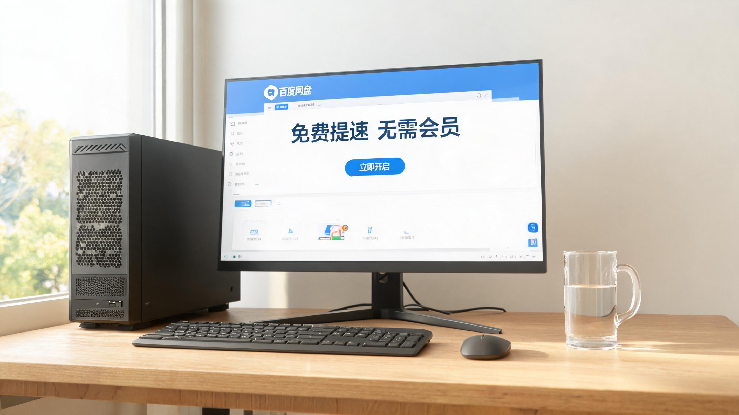 书桌上的主机，屏幕显示百度网盘免费提速无需会员设置界面，桌角放着水杯，自然光