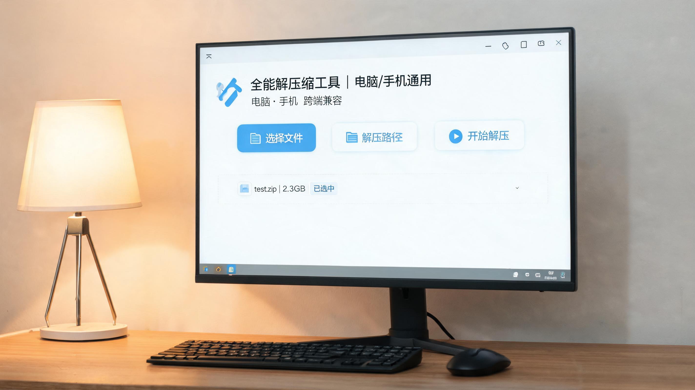 电脑桌上的电脑，屏幕显示电脑手机通用解压缩工具界面，旁边放着台灯