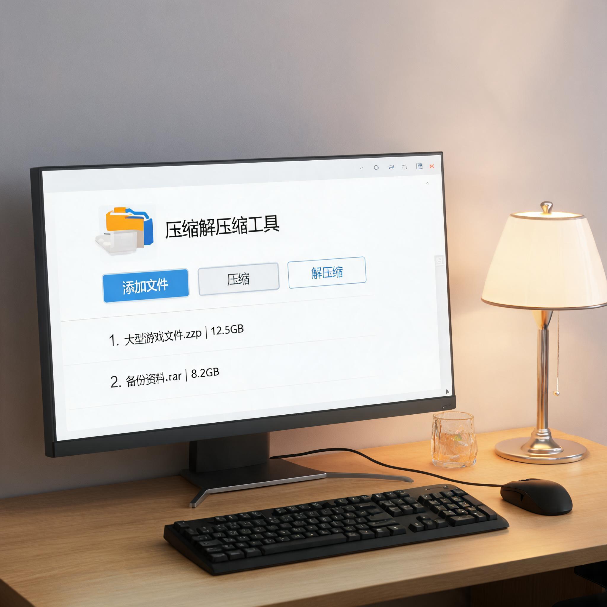 电脑桌上的电脑，屏幕显示大文件压缩解压缩工具界面，旁边放着台灯