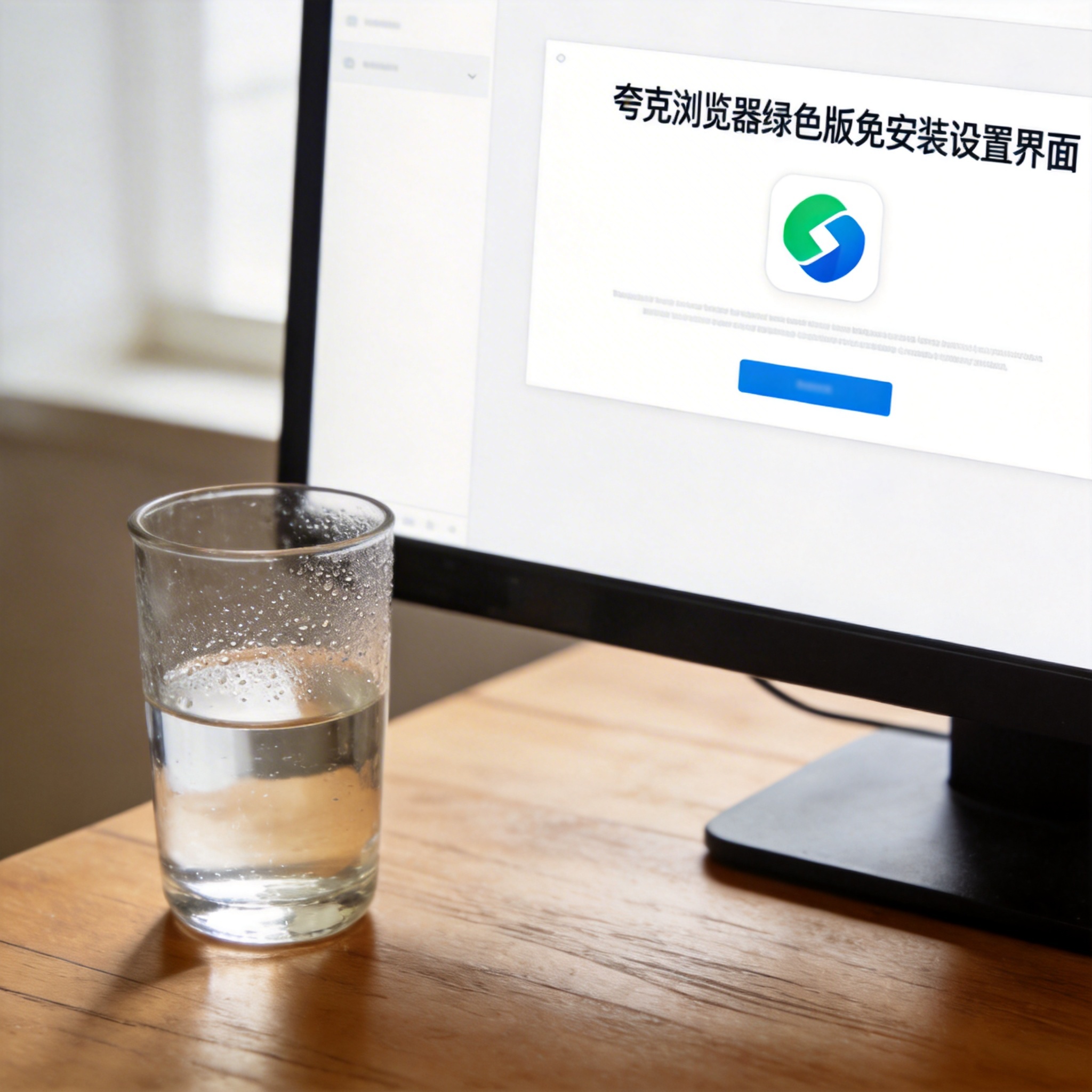 书桌上的电脑，屏幕显示夸克浏览器绿色版免安装设置界面，桌角放着水杯，自然光