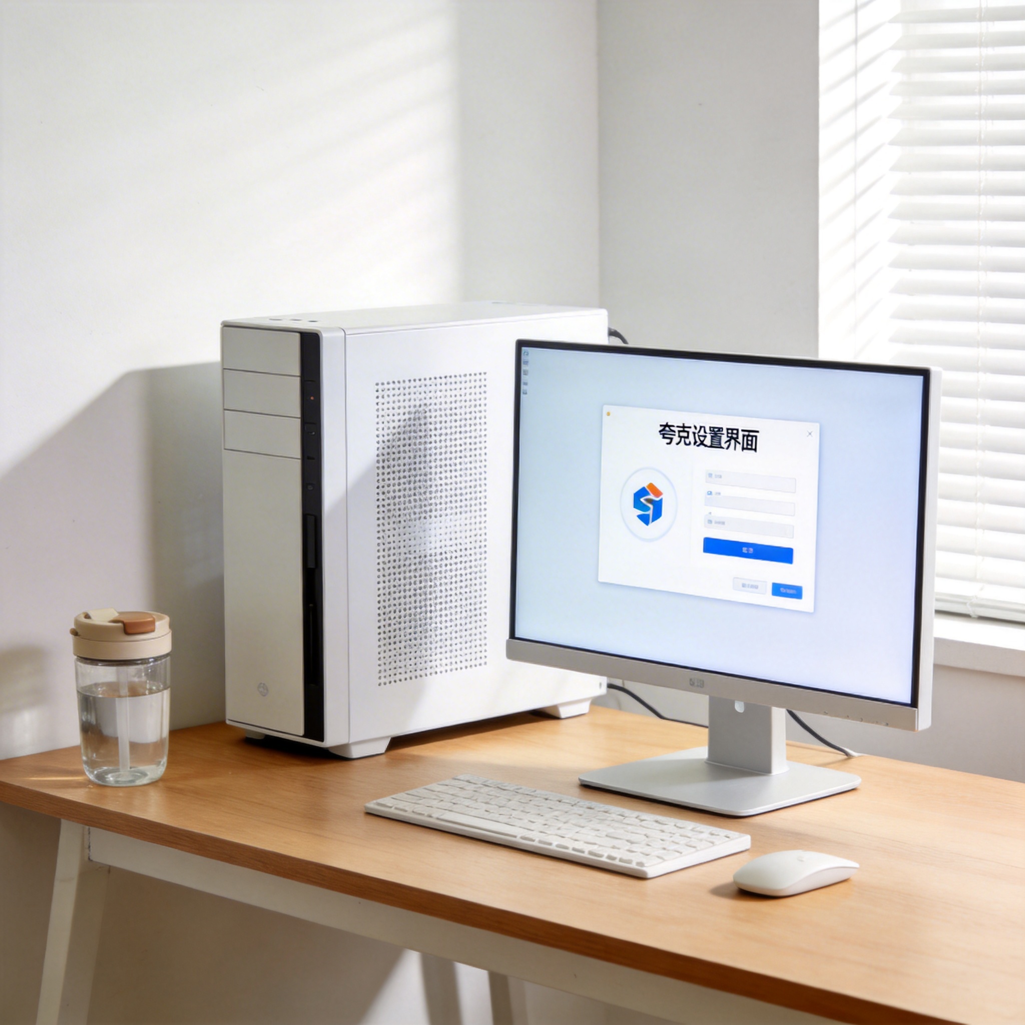 书桌上的主机，屏幕显示夸克设置界面，桌角放着水杯，自然光