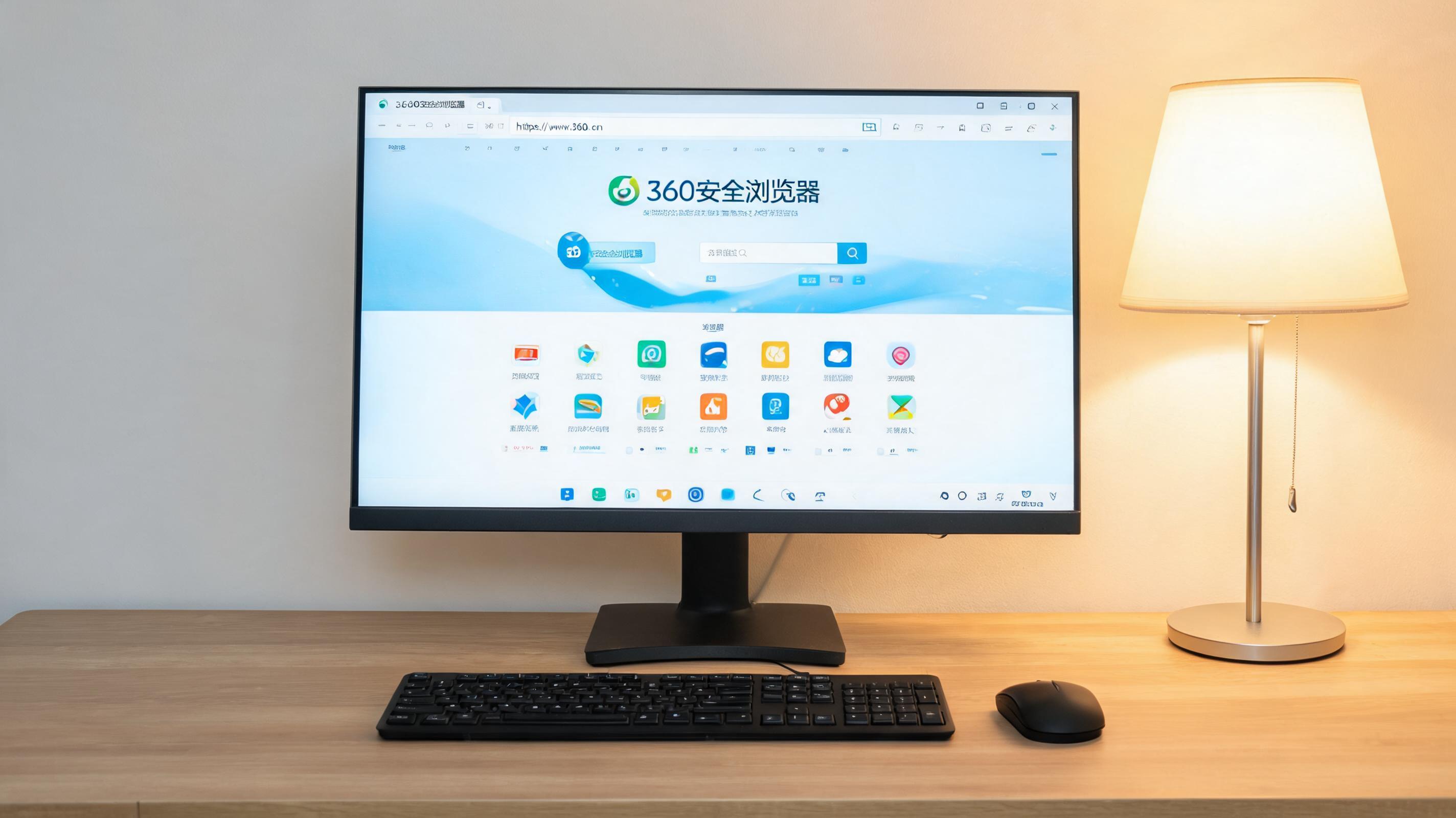电脑桌上的电脑，屏幕显示360 官方安全浏览器界面，旁边放着台灯