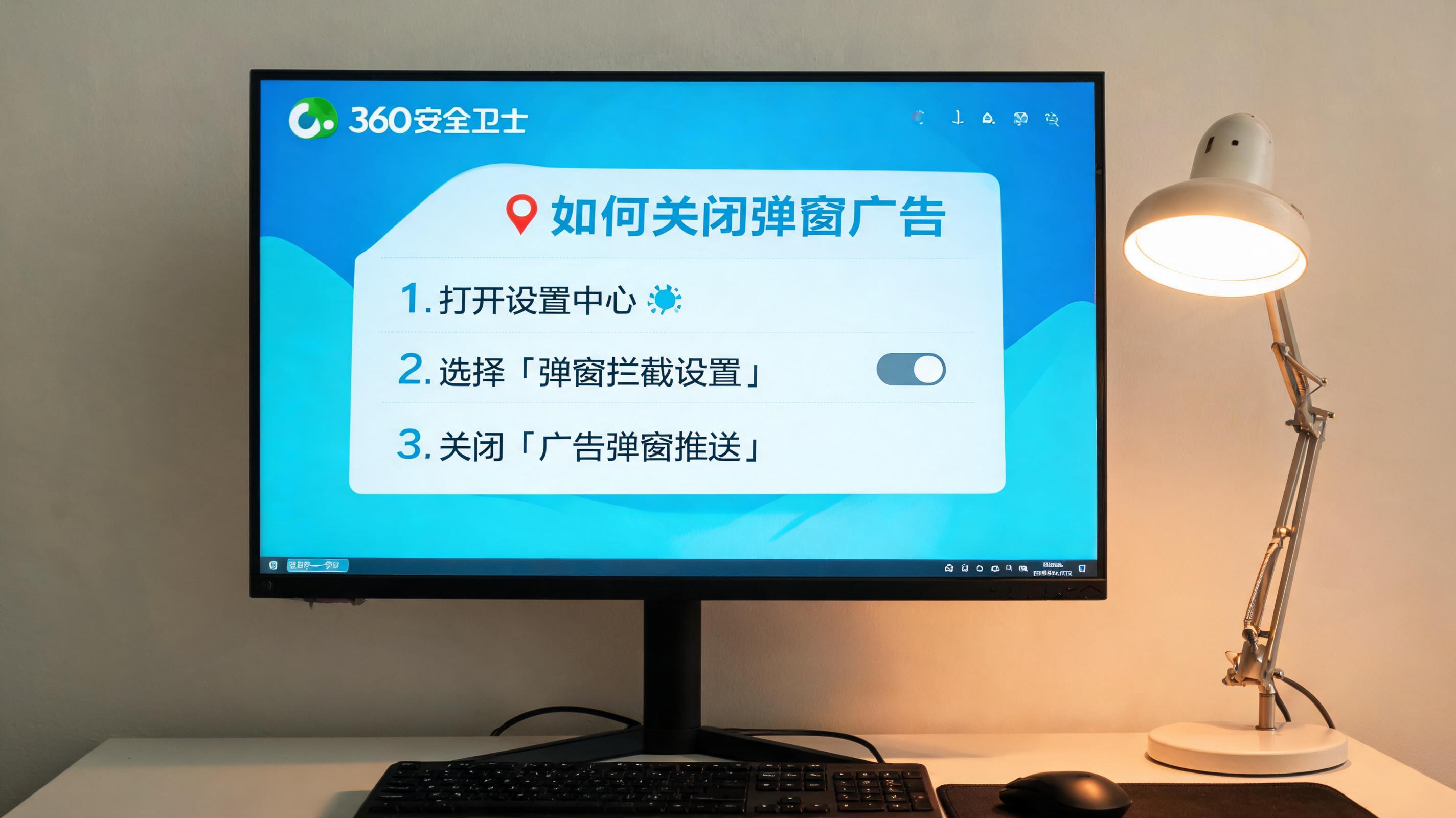 电脑桌上的电脑，屏幕显示360 卫士怎么关闭弹窗广告界面，旁边放着台灯