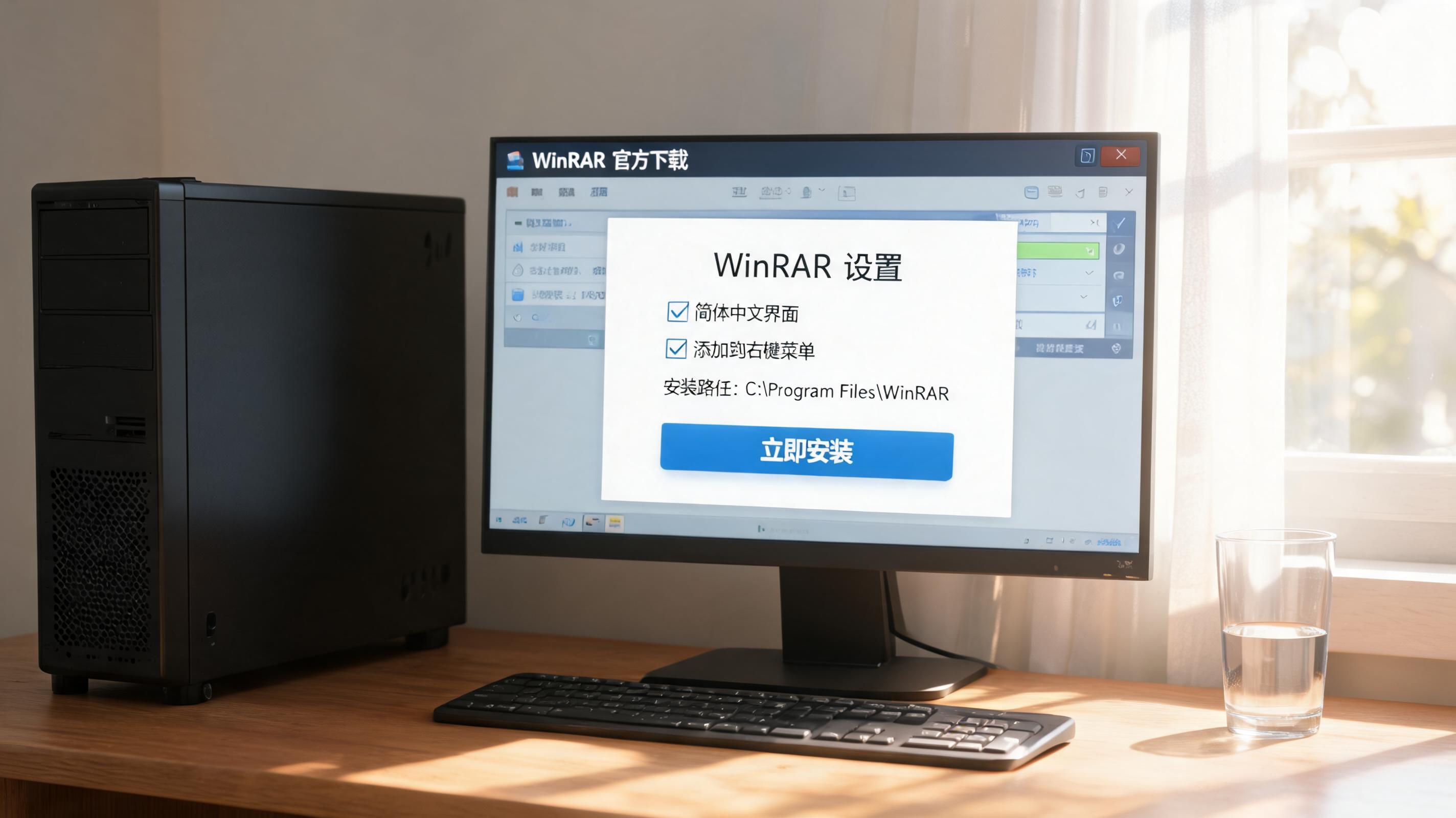 书桌上的主机，屏幕显示win 压缩软件官方下载设置界面，桌角放着水杯，自然光