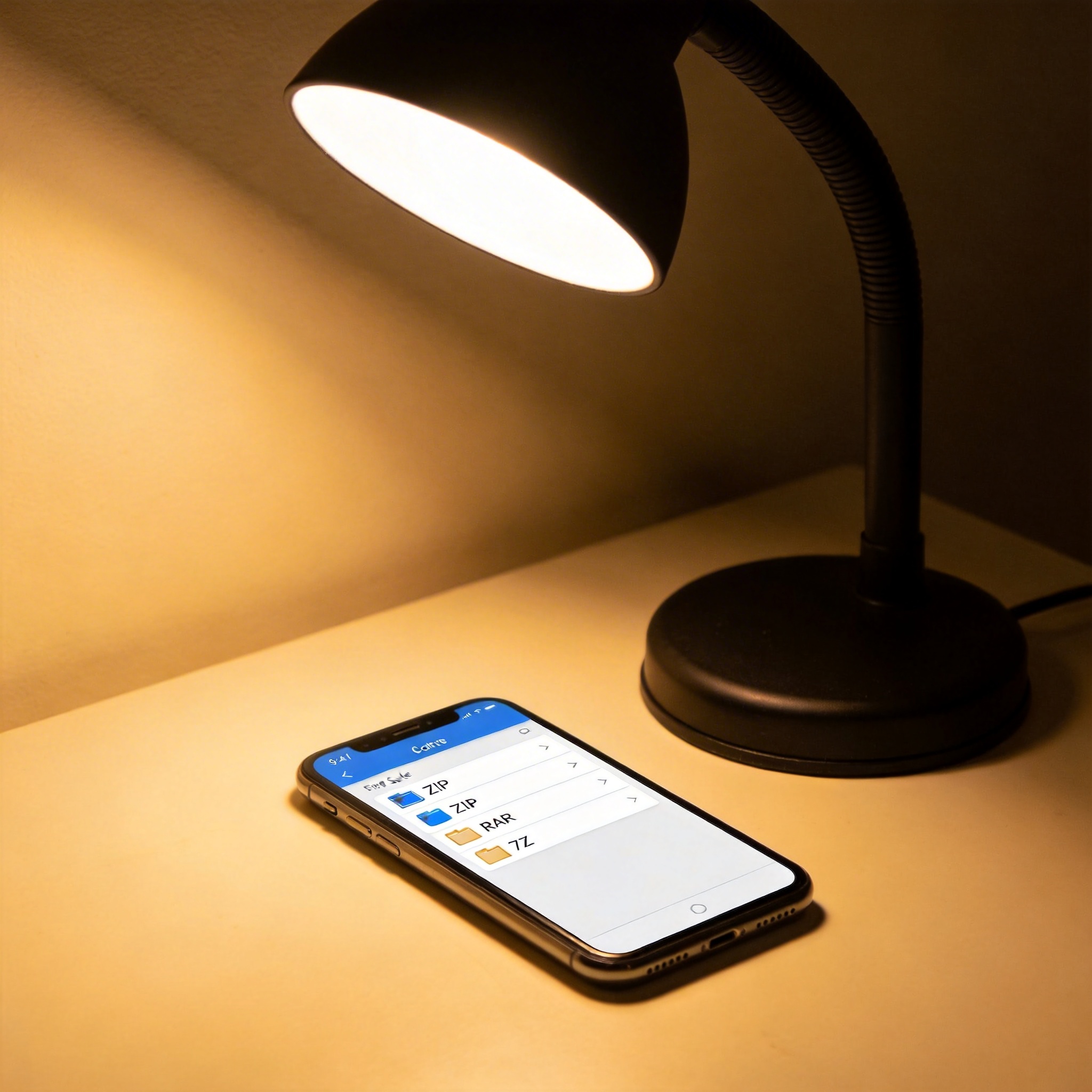 书桌一角的智能手机，屏幕显示手机文件压缩解压缩软件的解压设置界面，界面列出ZIP、RAR、7Z格式选项，台灯暖光