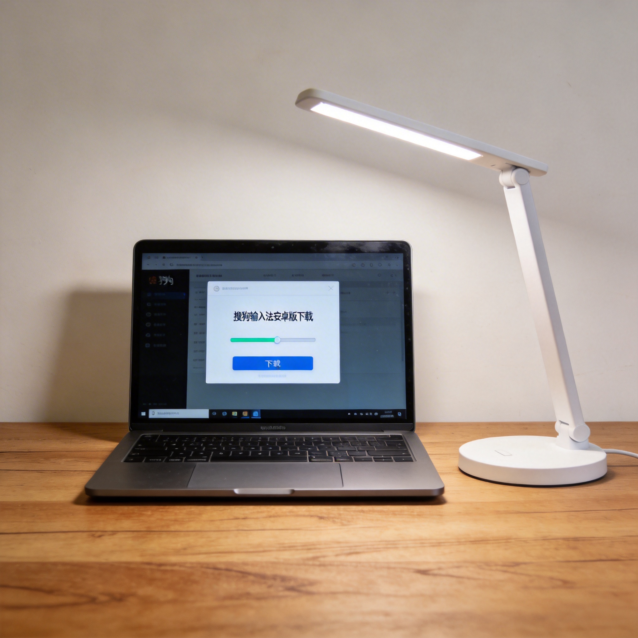 电脑桌上的电脑，屏幕显示搜狗输入法安卓版下载界面，旁边放着台灯