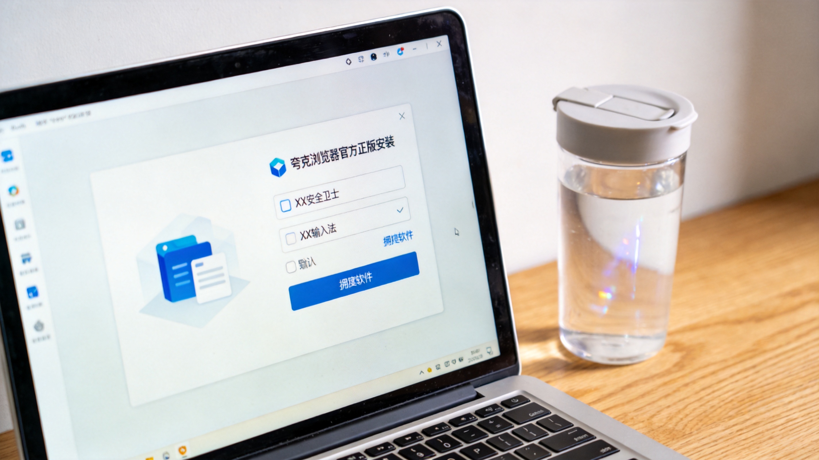 电脑桌面显示夸克浏览器官方正版安装界面，界面上有默认勾选的捆绑软件选项，旁边放着半透明的水杯，室内自然光